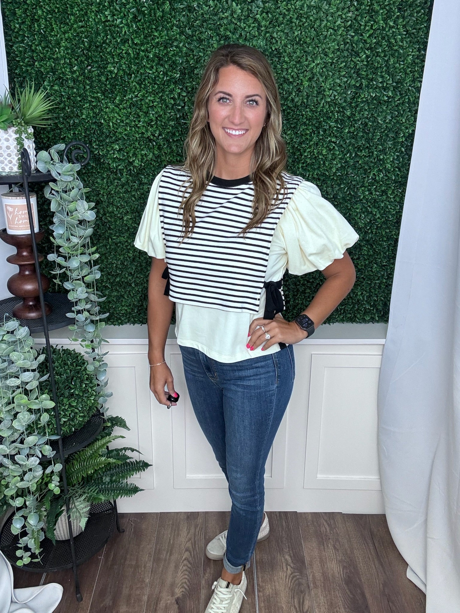 STRIPED OVERLAY TOP W/SIDE TIE DETAIL - CREAM