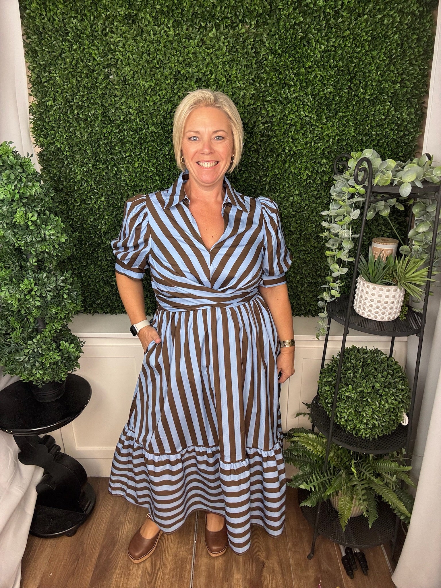 STRIPED TIE WAIST MIDI DRESS - BLUE BROWN
