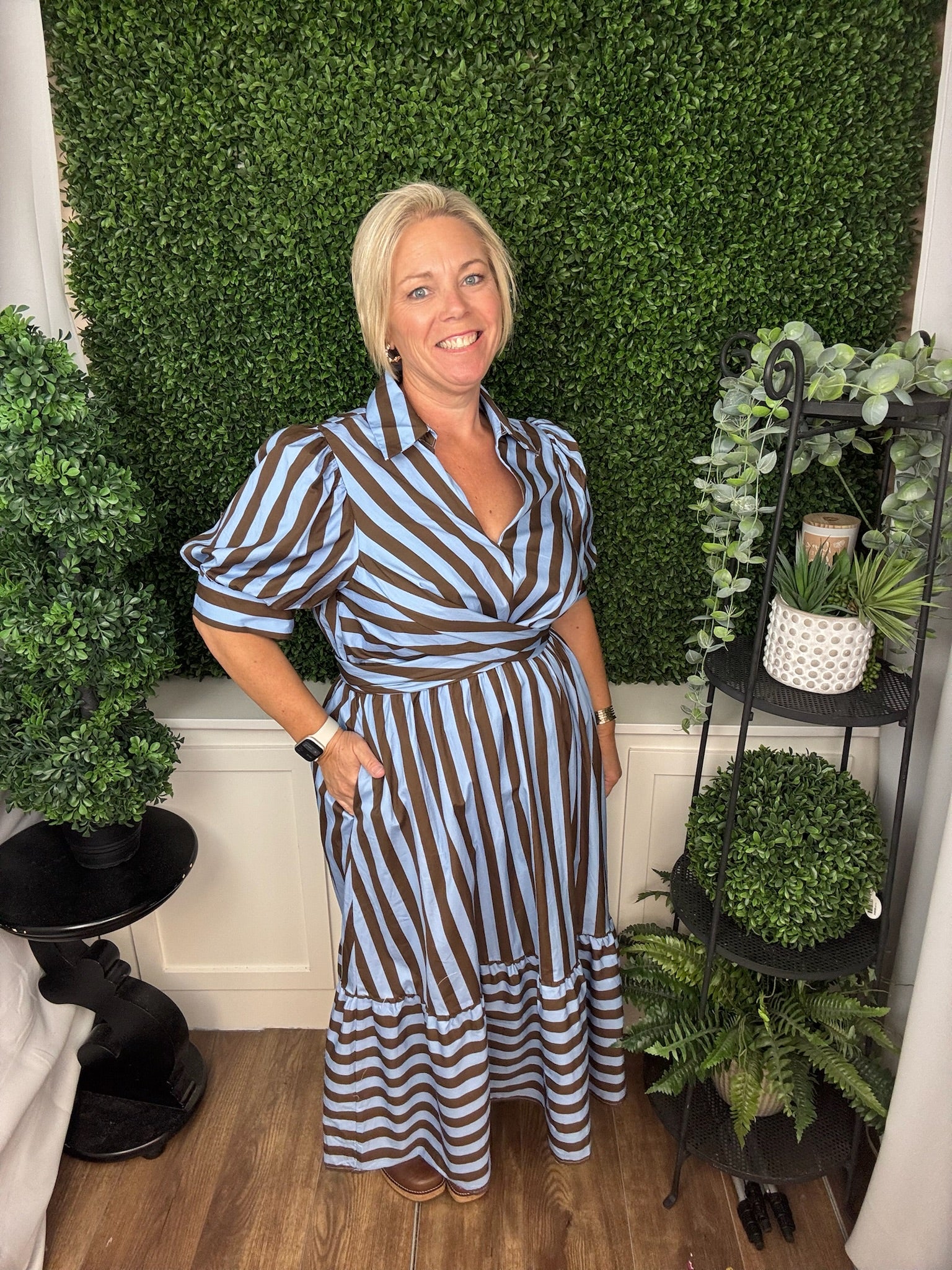 STRIPED TIE WAIST MIDI DRESS - BLUE BROWN