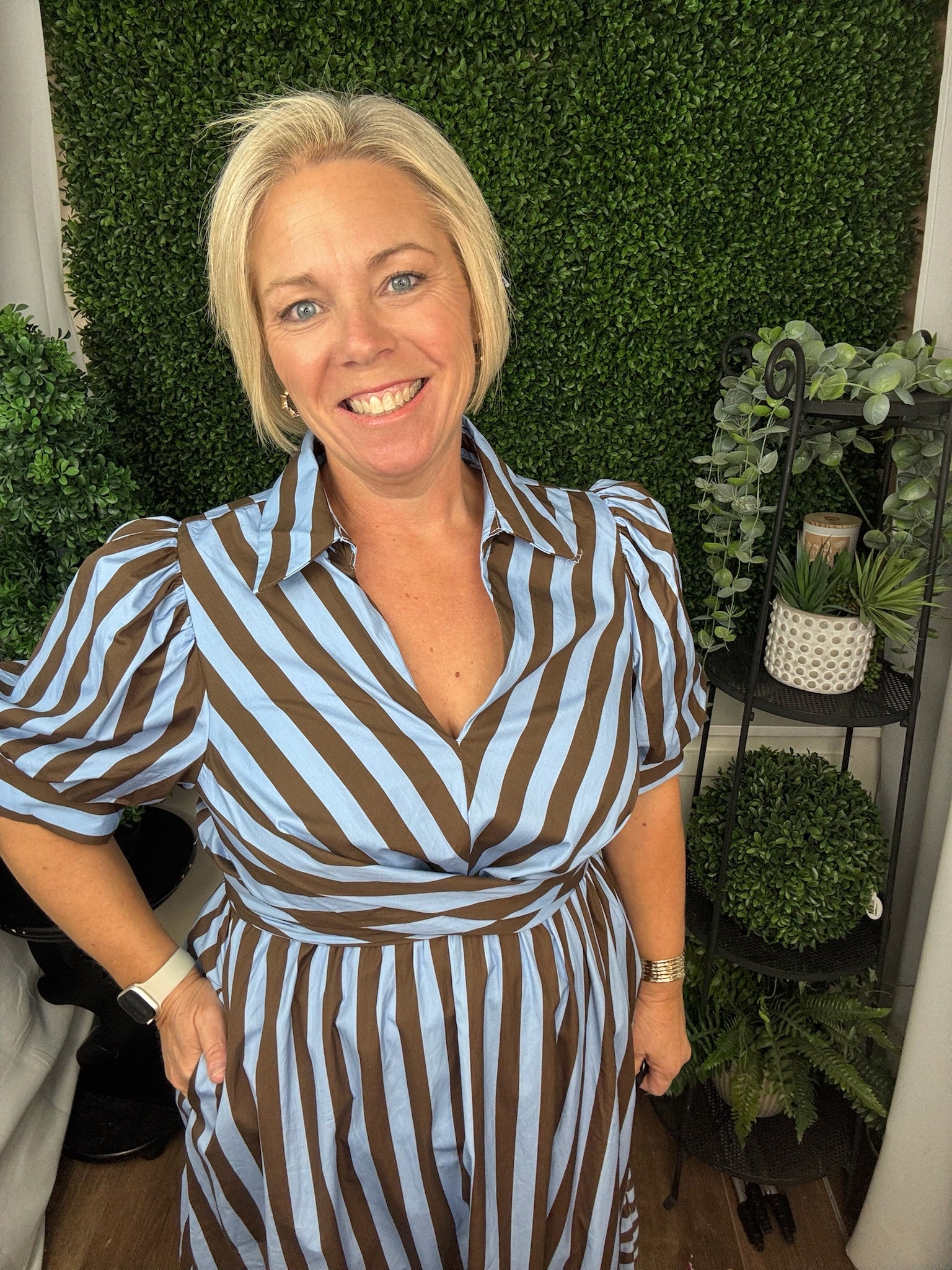 STRIPED TIE WAIST MIDI DRESS - BLUE BROWN