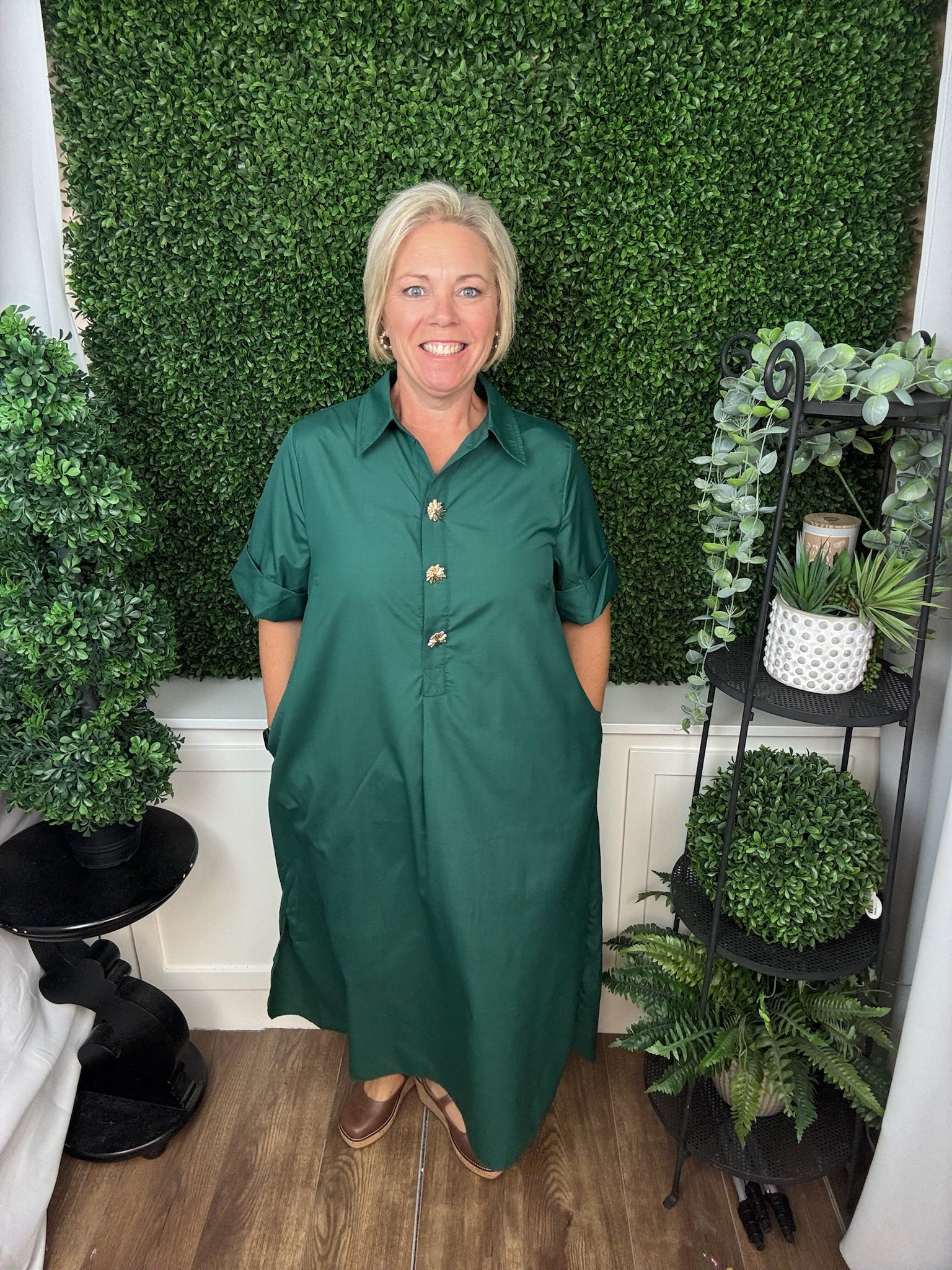 COLLARED BUTTON FRONT MIDI DRESS - HUNTER GREEN