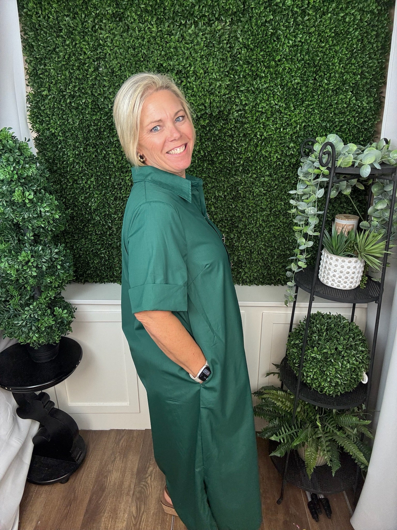 COLLARED BUTTON FRONT MIDI DRESS - HUNTER GREEN