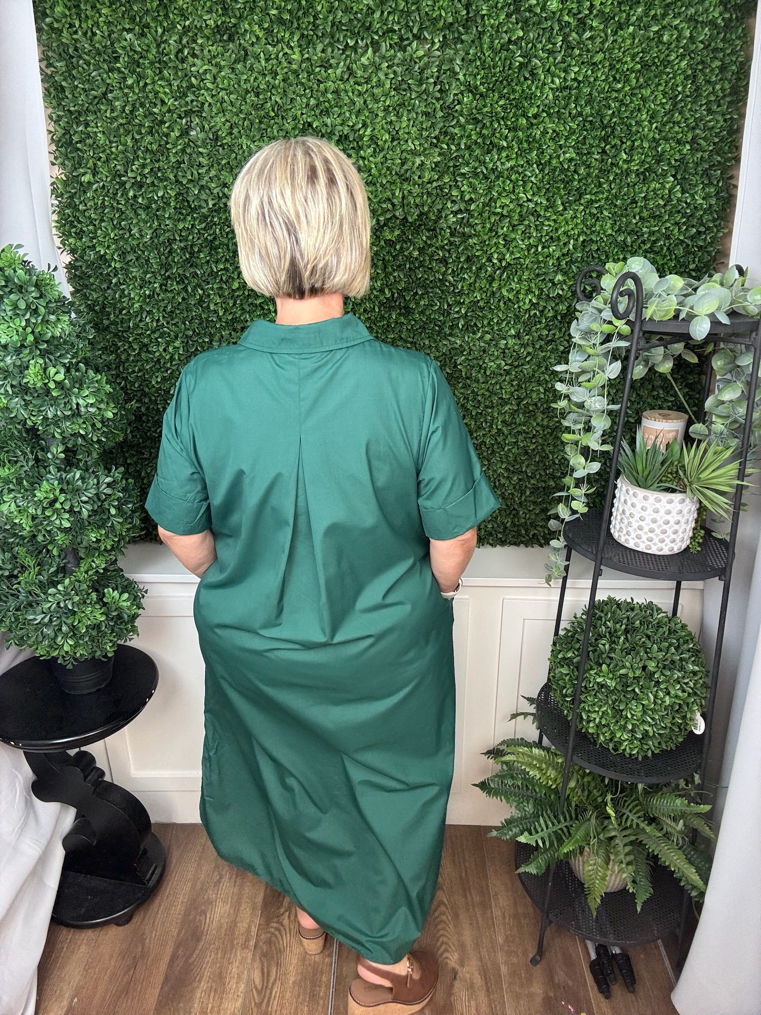 COLLARED BUTTON FRONT MIDI DRESS - HUNTER GREEN