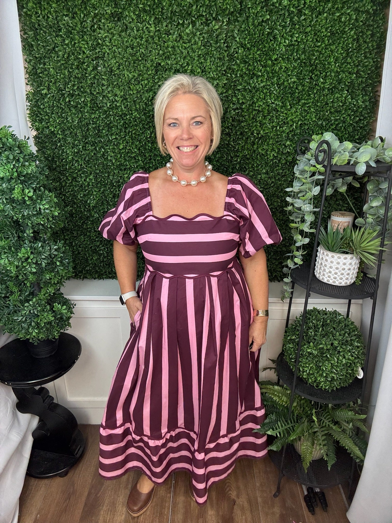 STRIPED PUFF SLEEVE MIDI DRESS - PLUM
