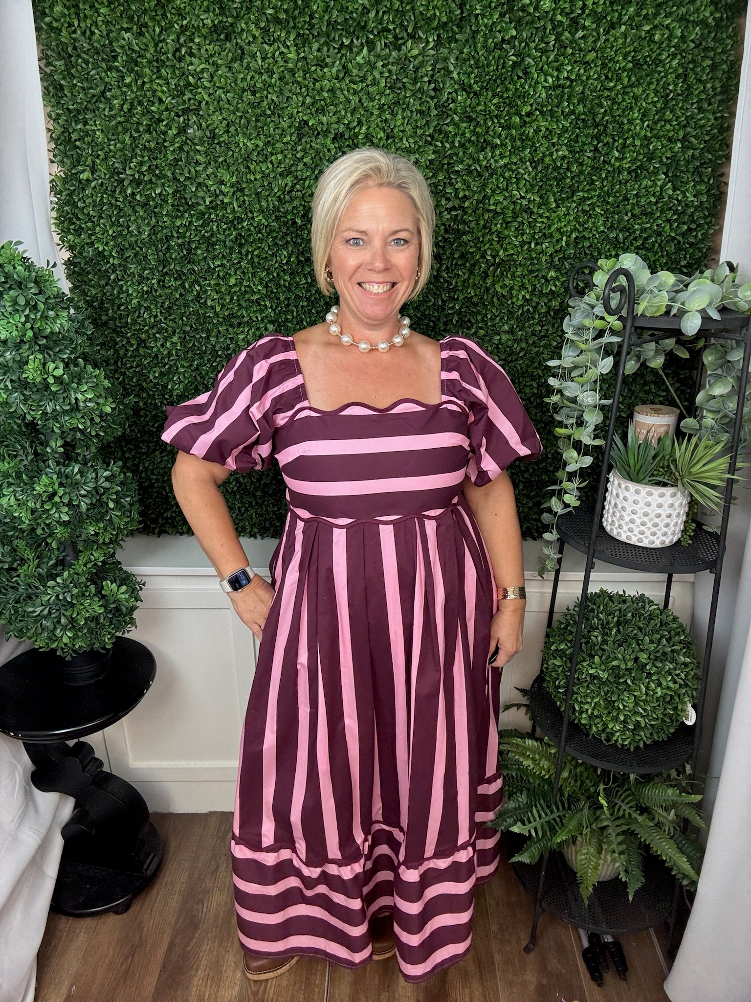 STRIPED PUFF SLEEVE MIDI DRESS - PLUM
