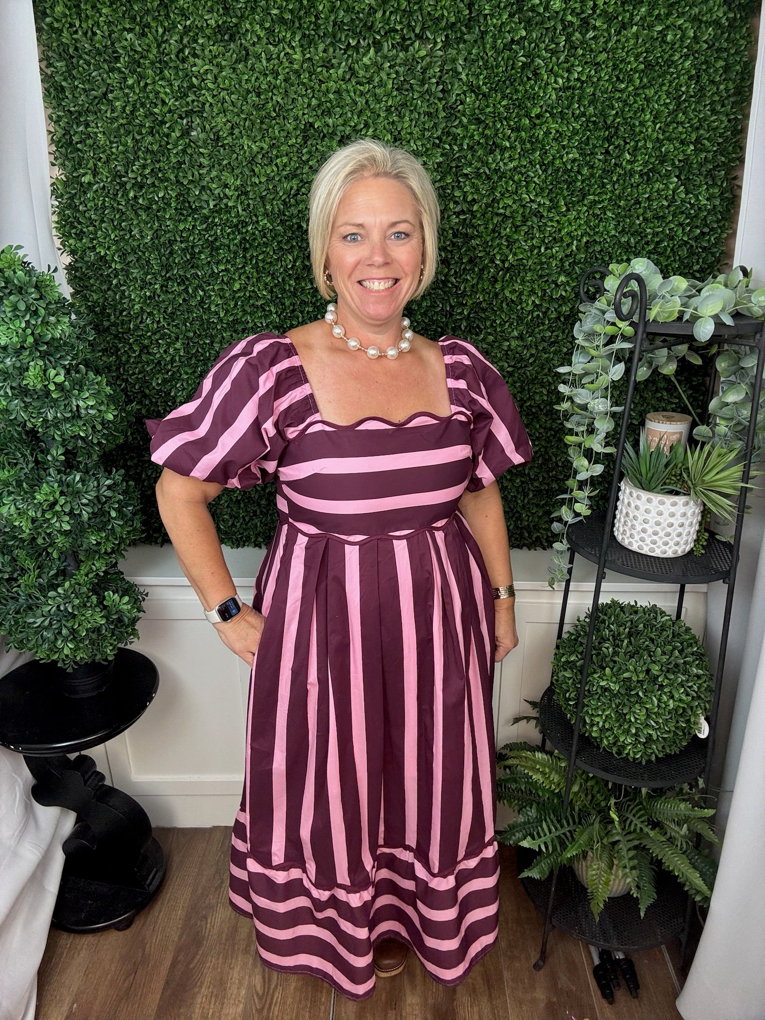 STRIPED PUFF SLEEVE MIDI DRESS - PLUM