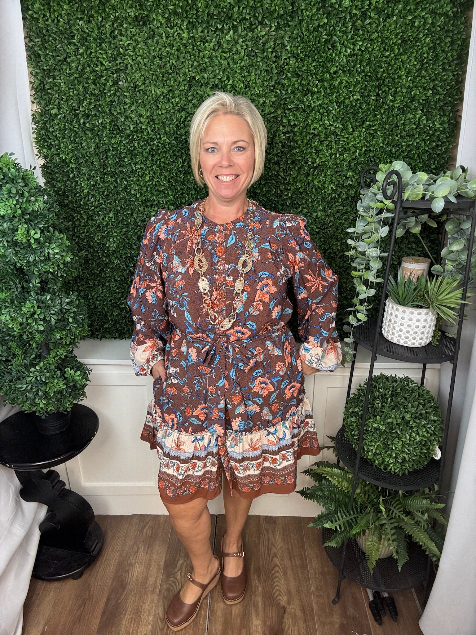 FLORAL PRINT BUTTON FRONT LONG SLEEVE MIDI DRESS - COCOA BROWN MULTI