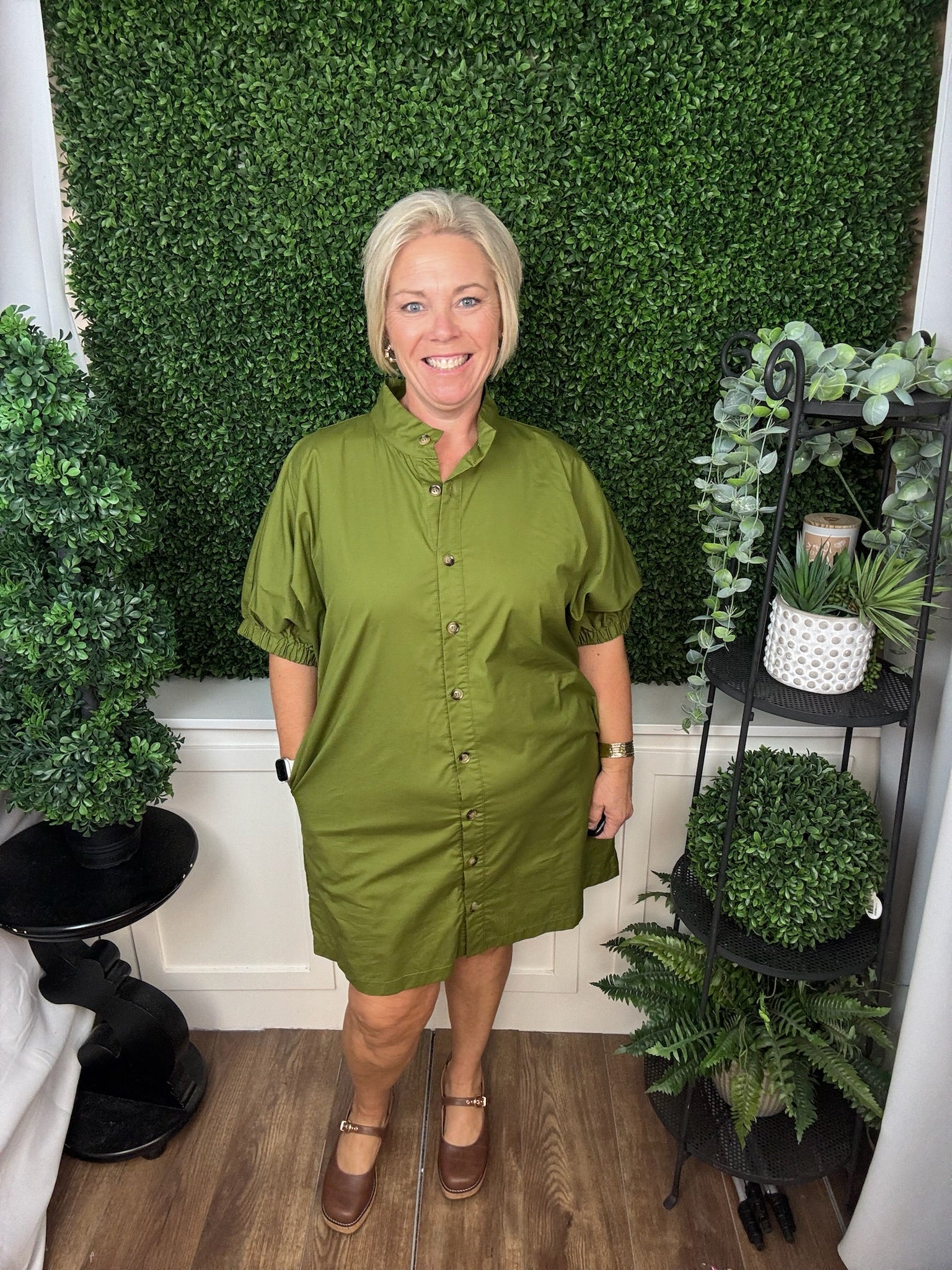 BUTTON FRONT PUFF SLEEVE DRESS - MARTINI OLIVE