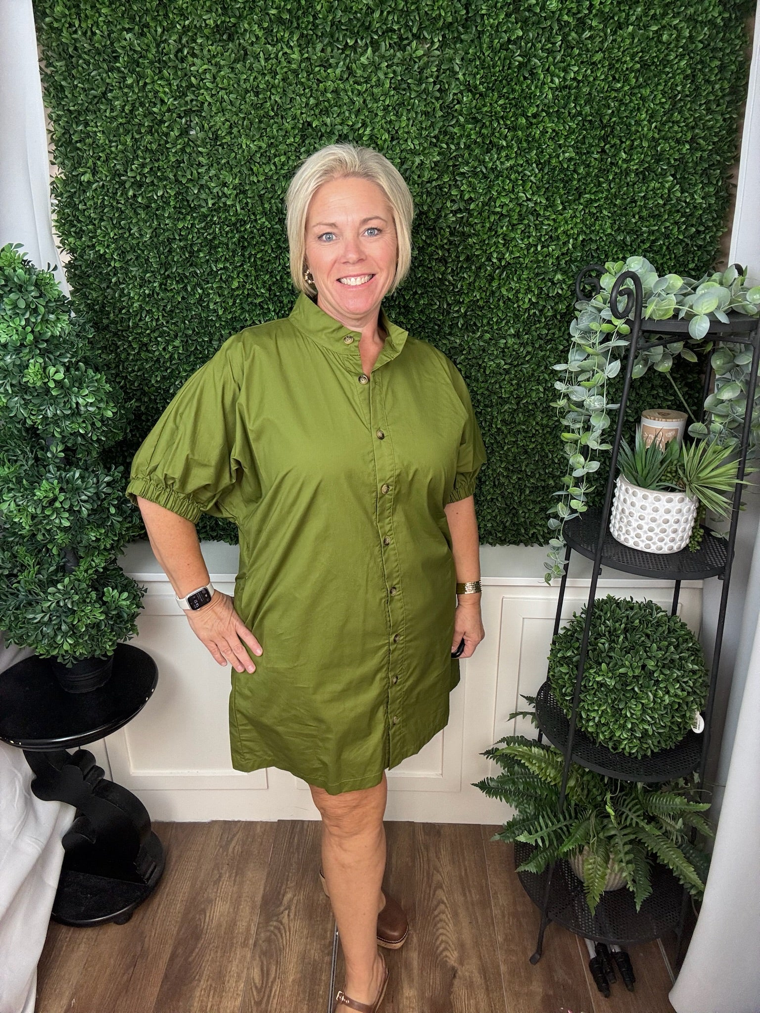 BUTTON FRONT PUFF SLEEVE DRESS - MARTINI OLIVE