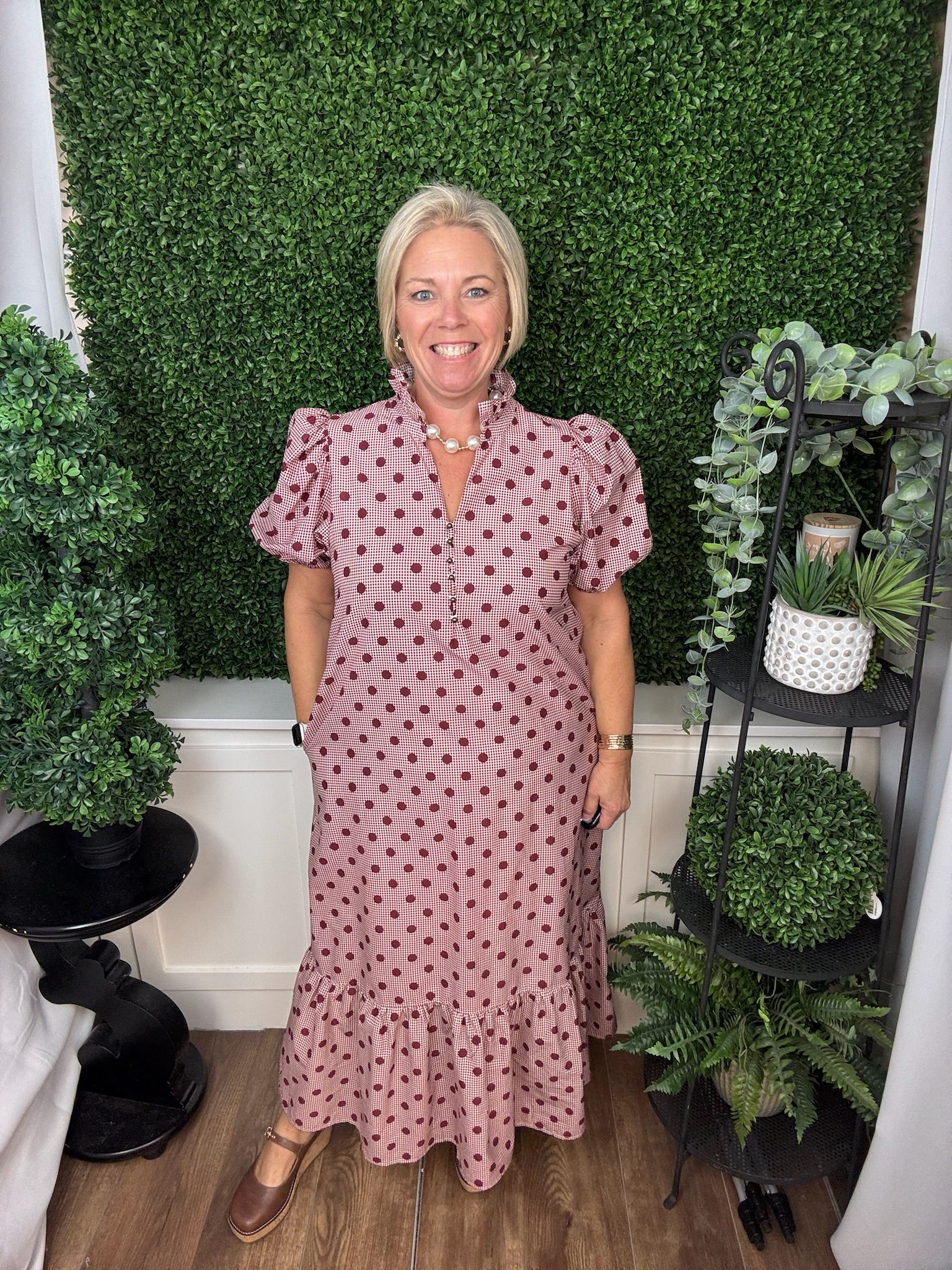 POLKA DOT PUFF SLEEVE DRESS - BURGUNDY