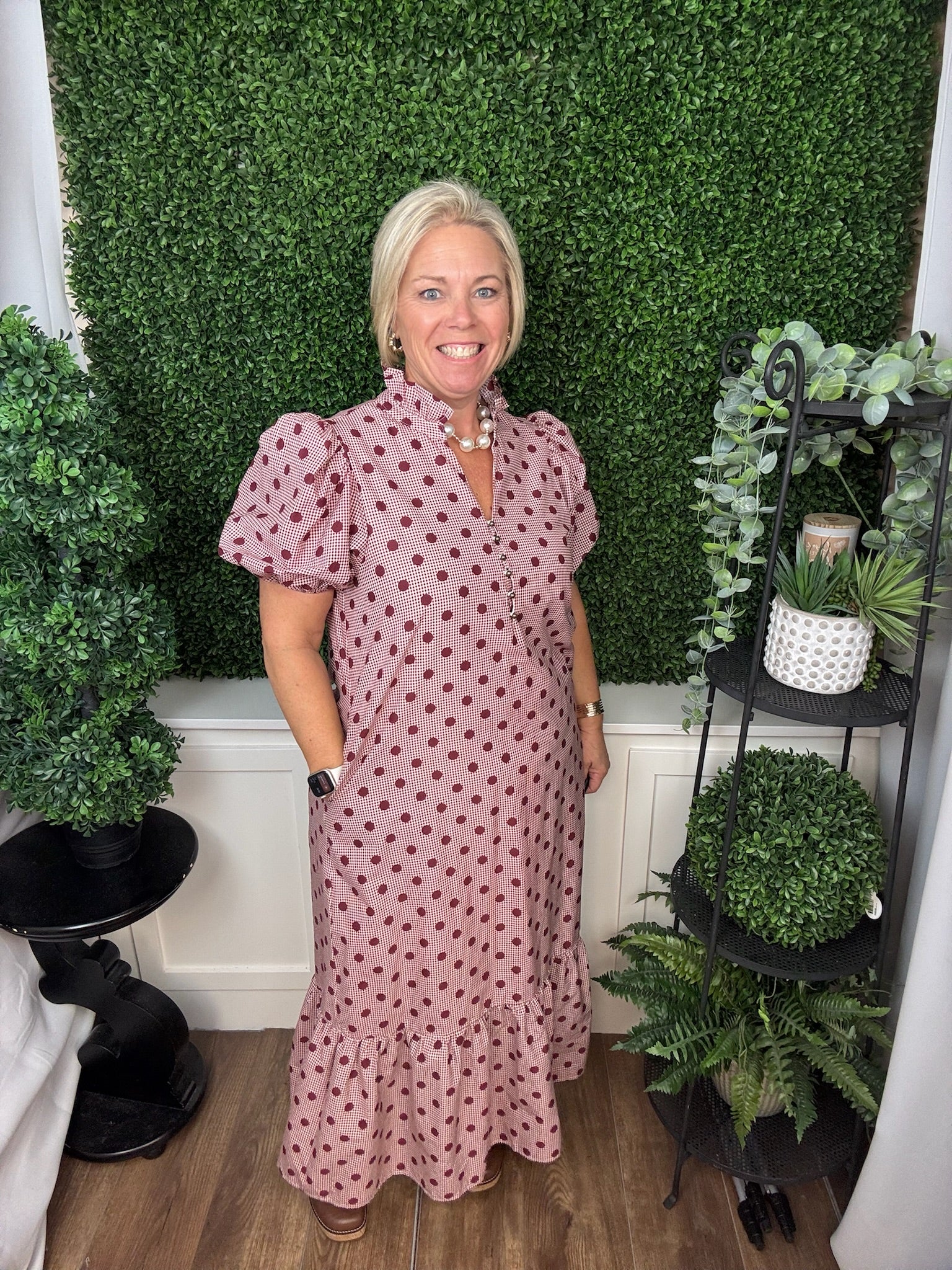 POLKA DOT PUFF SLEEVE DRESS - BURGUNDY