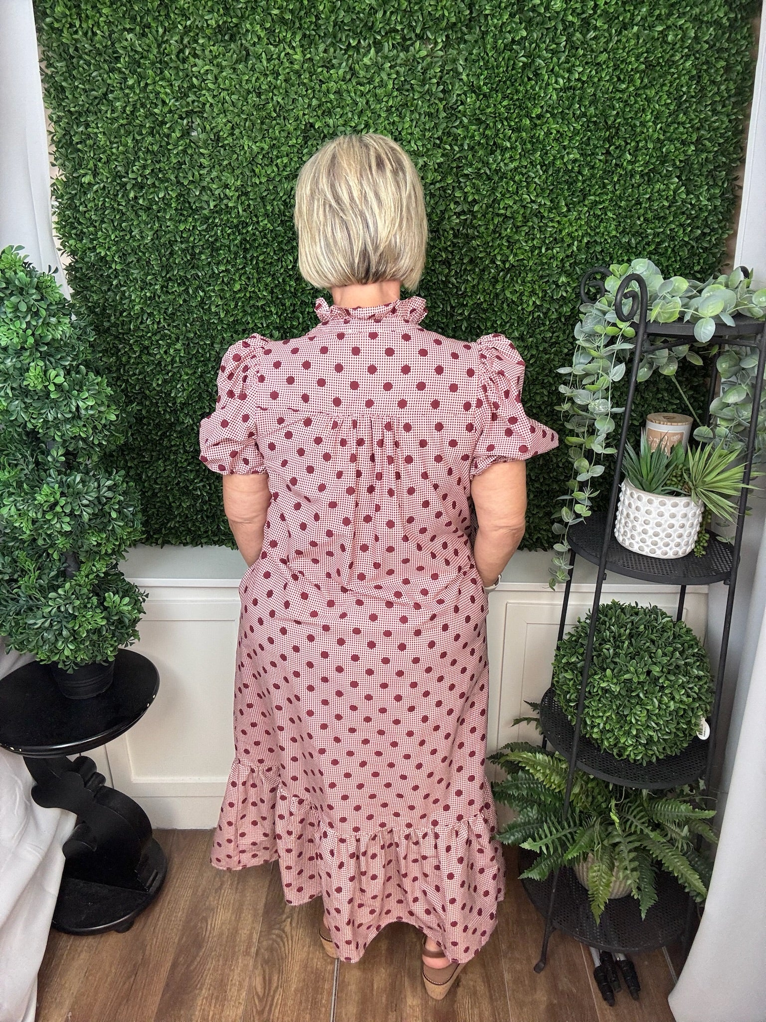 POLKA DOT PUFF SLEEVE DRESS - BURGUNDY