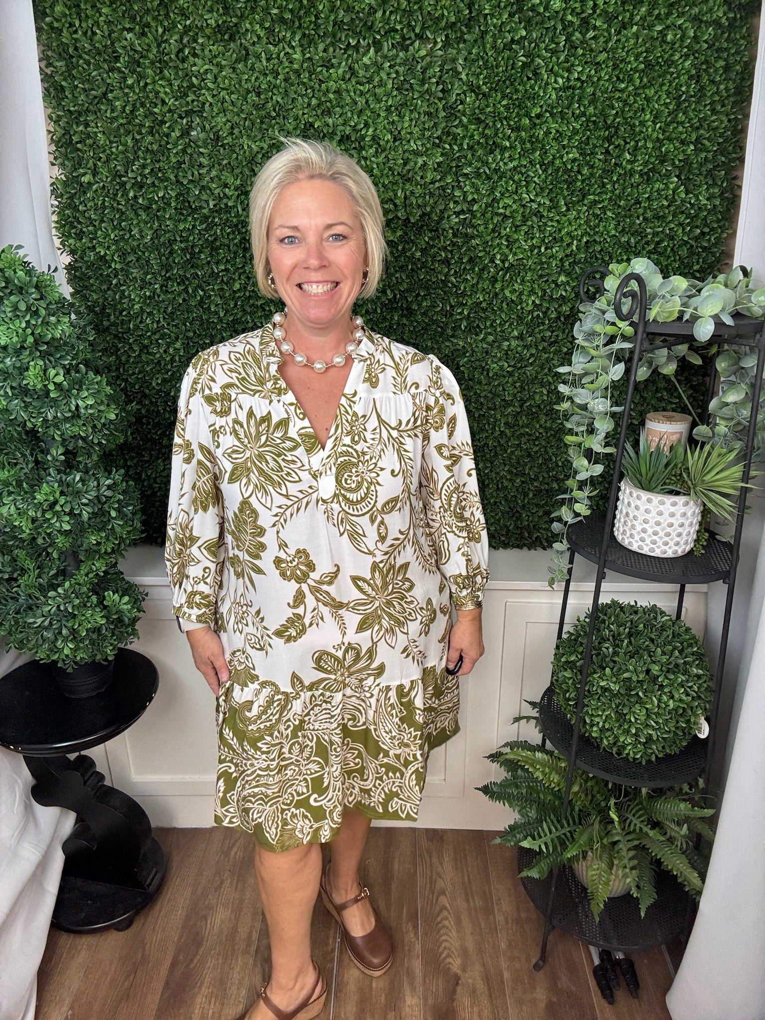 CHALLIS FLORAL RUFFLE HEM DRESS - GREEN