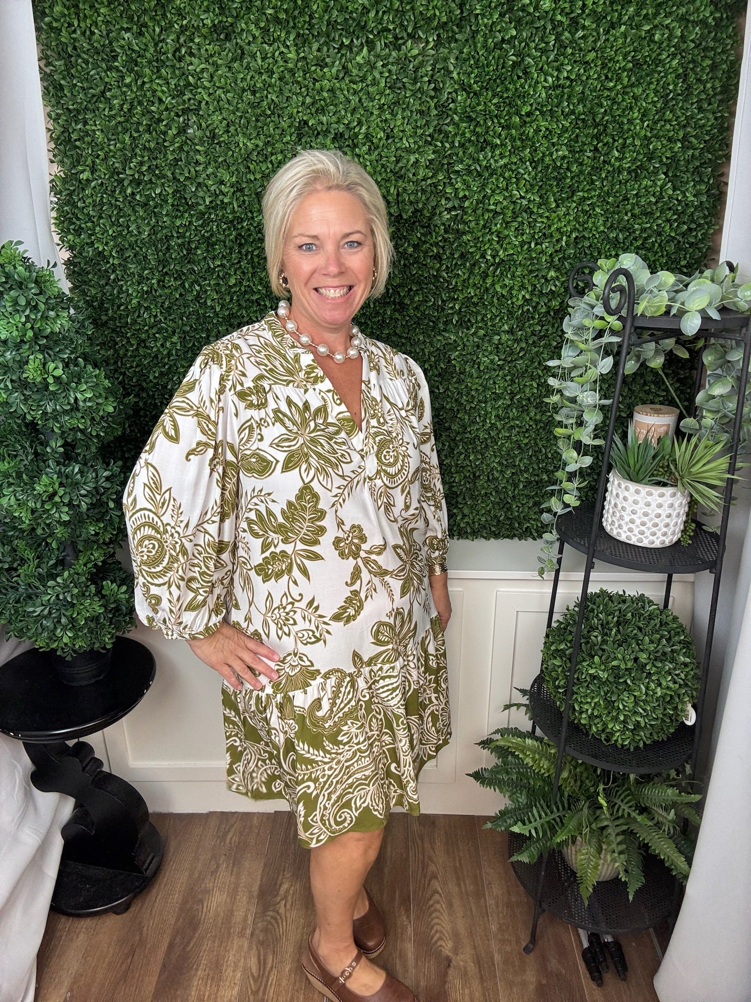CHALLIS FLORAL RUFFLE HEM DRESS - GREEN