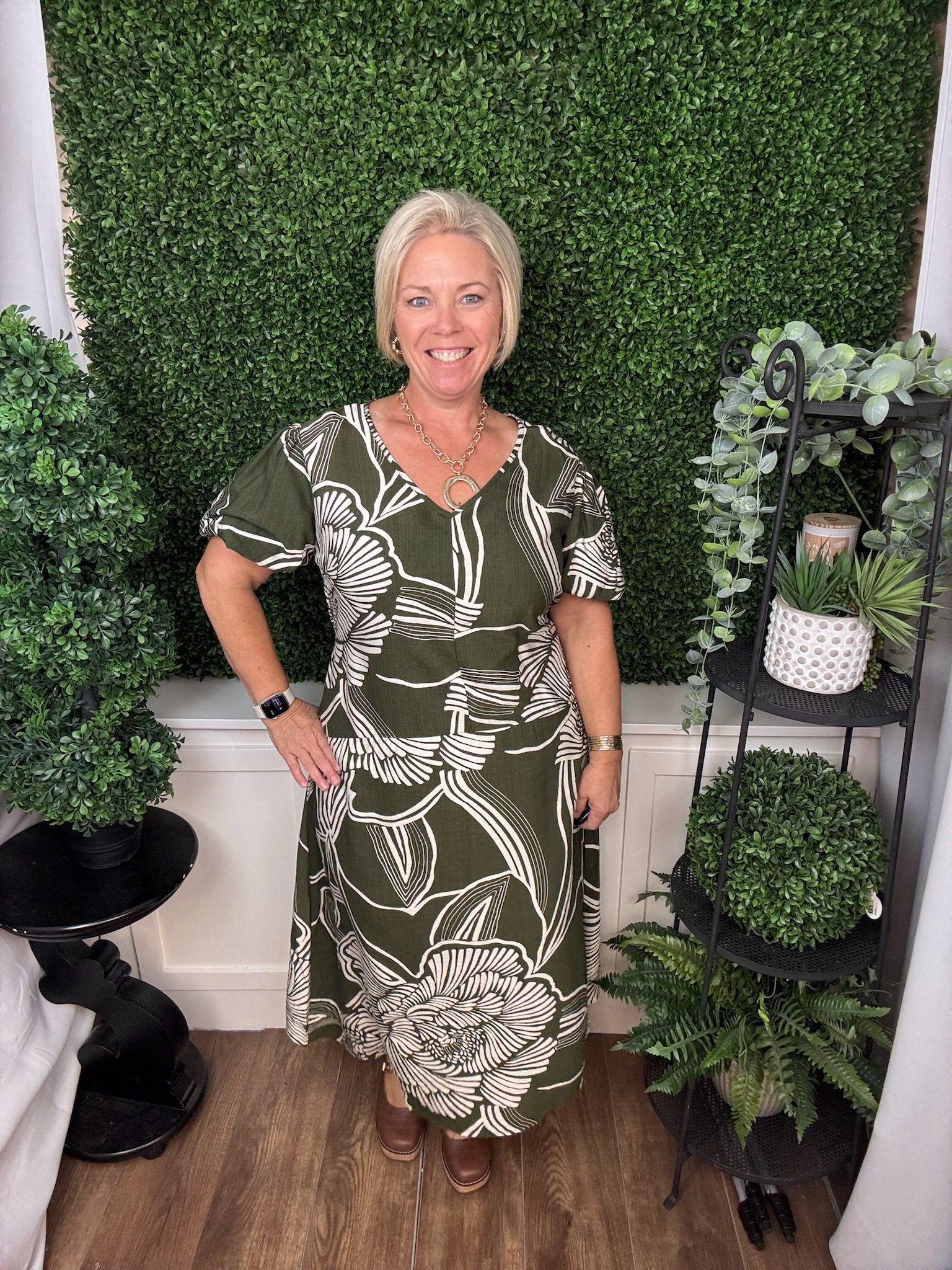 PUFF SLEEVE V-NECK MIDI DRESS - GREEN