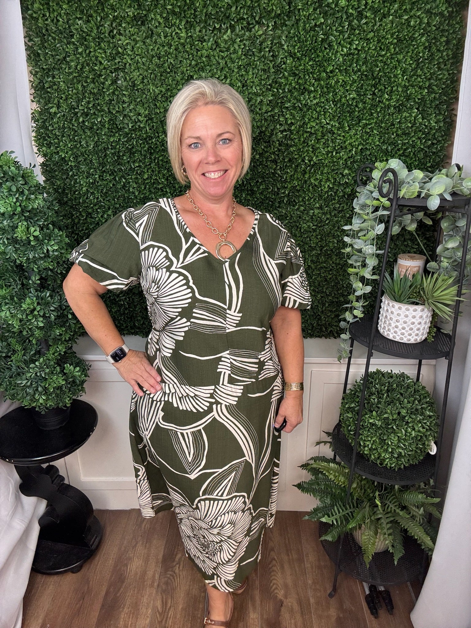 PUFF SLEEVE V-NECK MIDI DRESS - GREEN