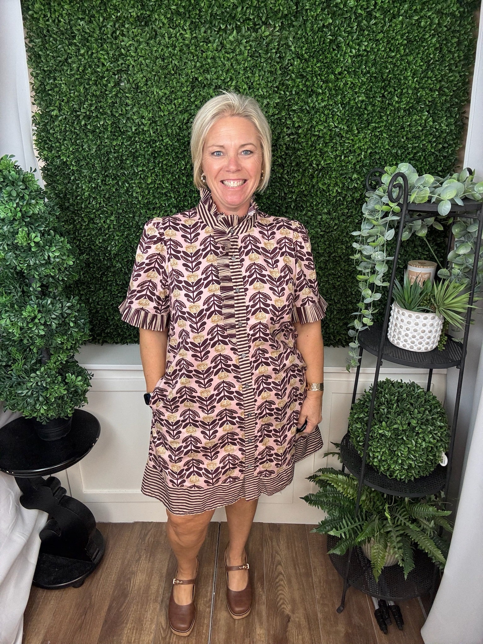 ABSTRACT PRINT RUFFLE SLEEVE DRESS - BLUSH