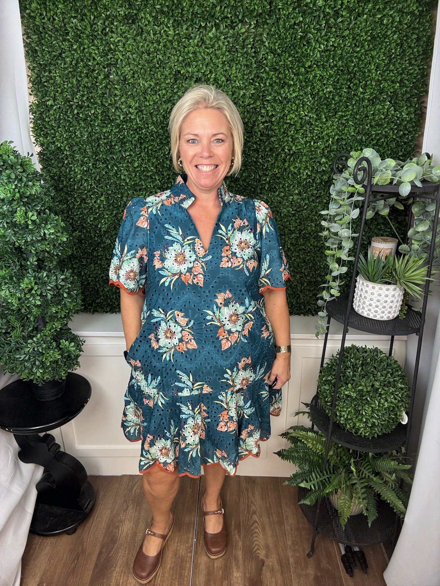 FLORAL PUFF SLEEVE DRESS - TEAL GREEN