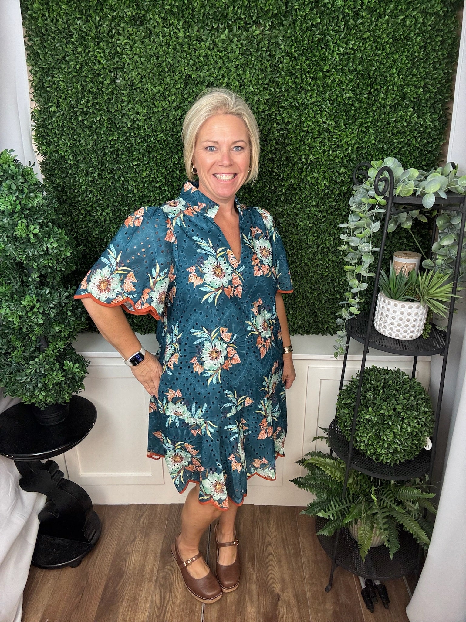 FLORAL PUFF SLEEVE DRESS - TEAL GREEN