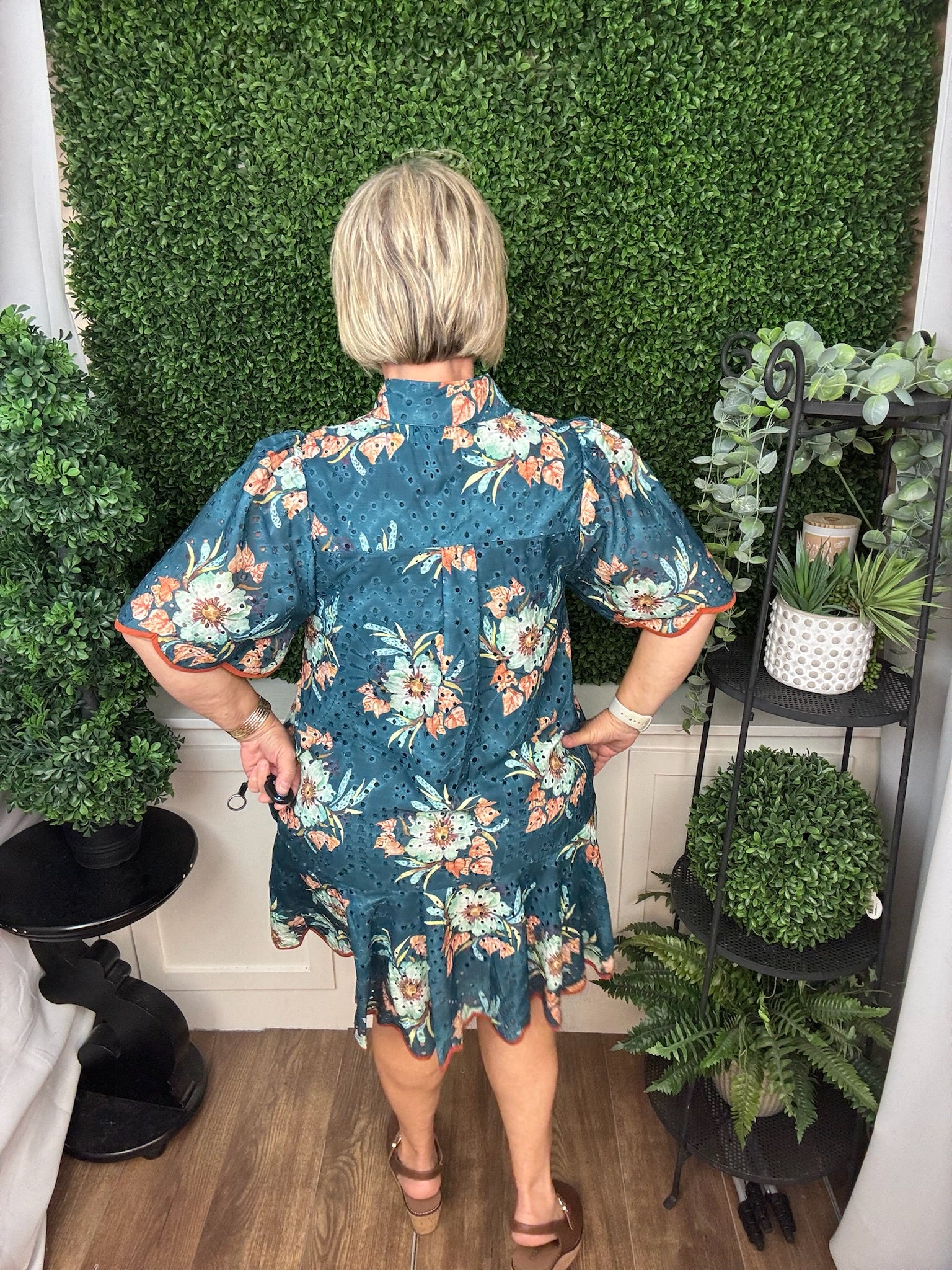 FLORAL PUFF SLEEVE DRESS - TEAL GREEN
