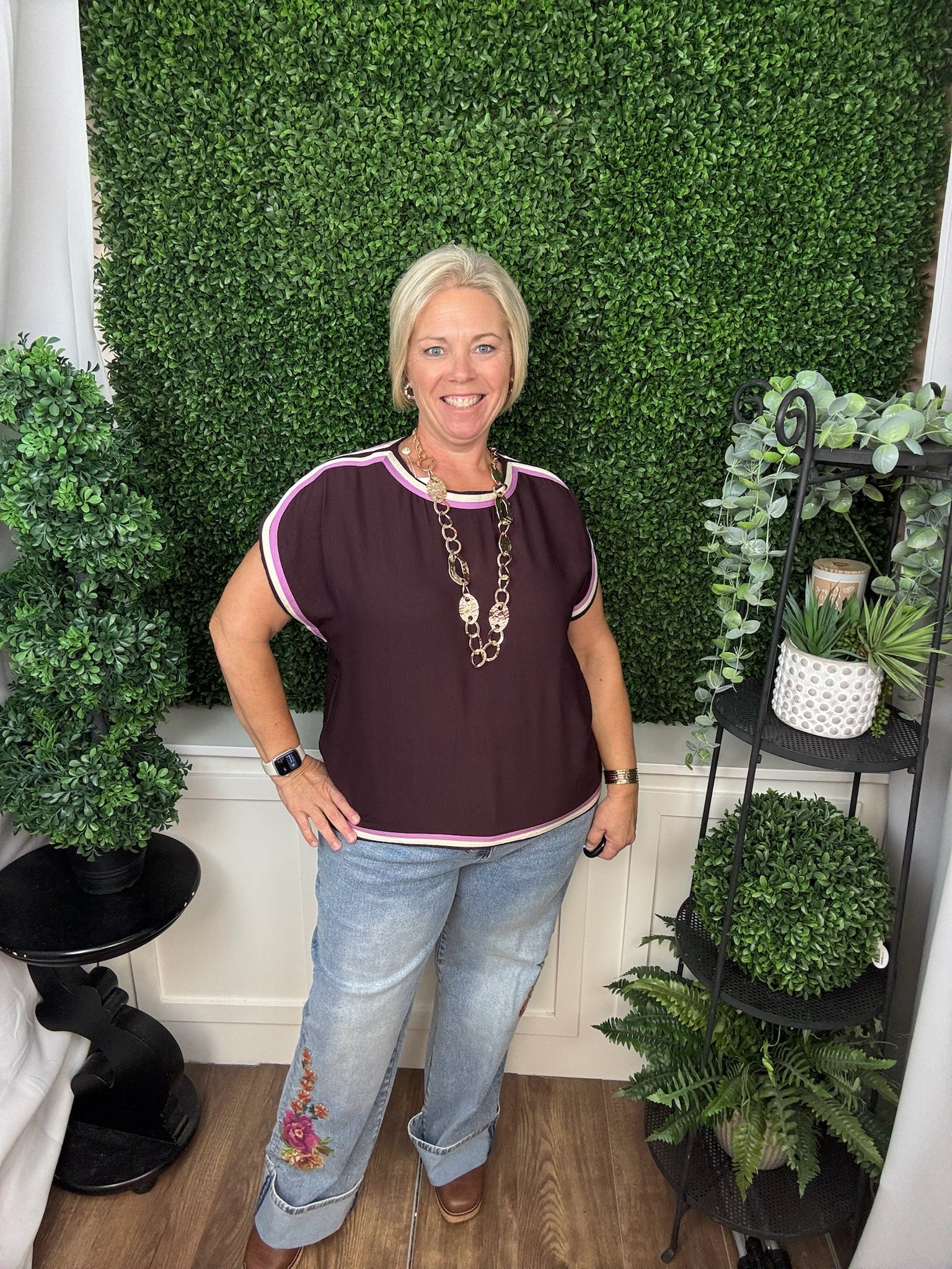 CONTRAST TRIM KNIT TOP - CHOCOLATE/HUNTER GREEN