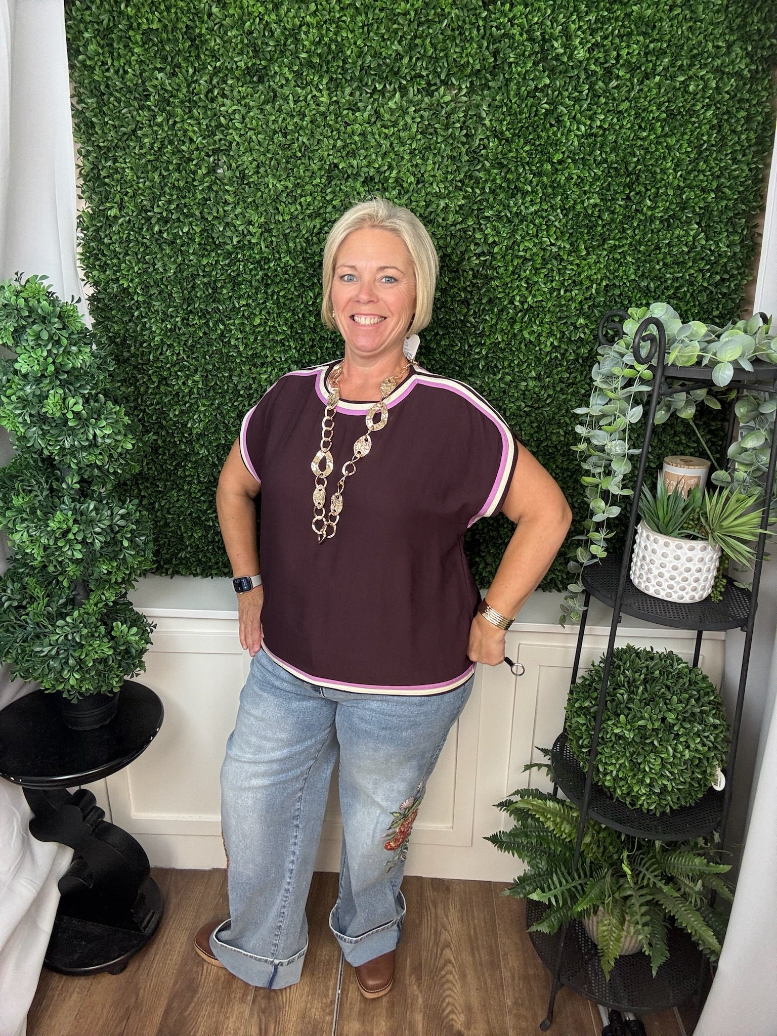 CONTRAST TRIM KNIT TOP - CHOCOLATE/HUNTER GREEN
