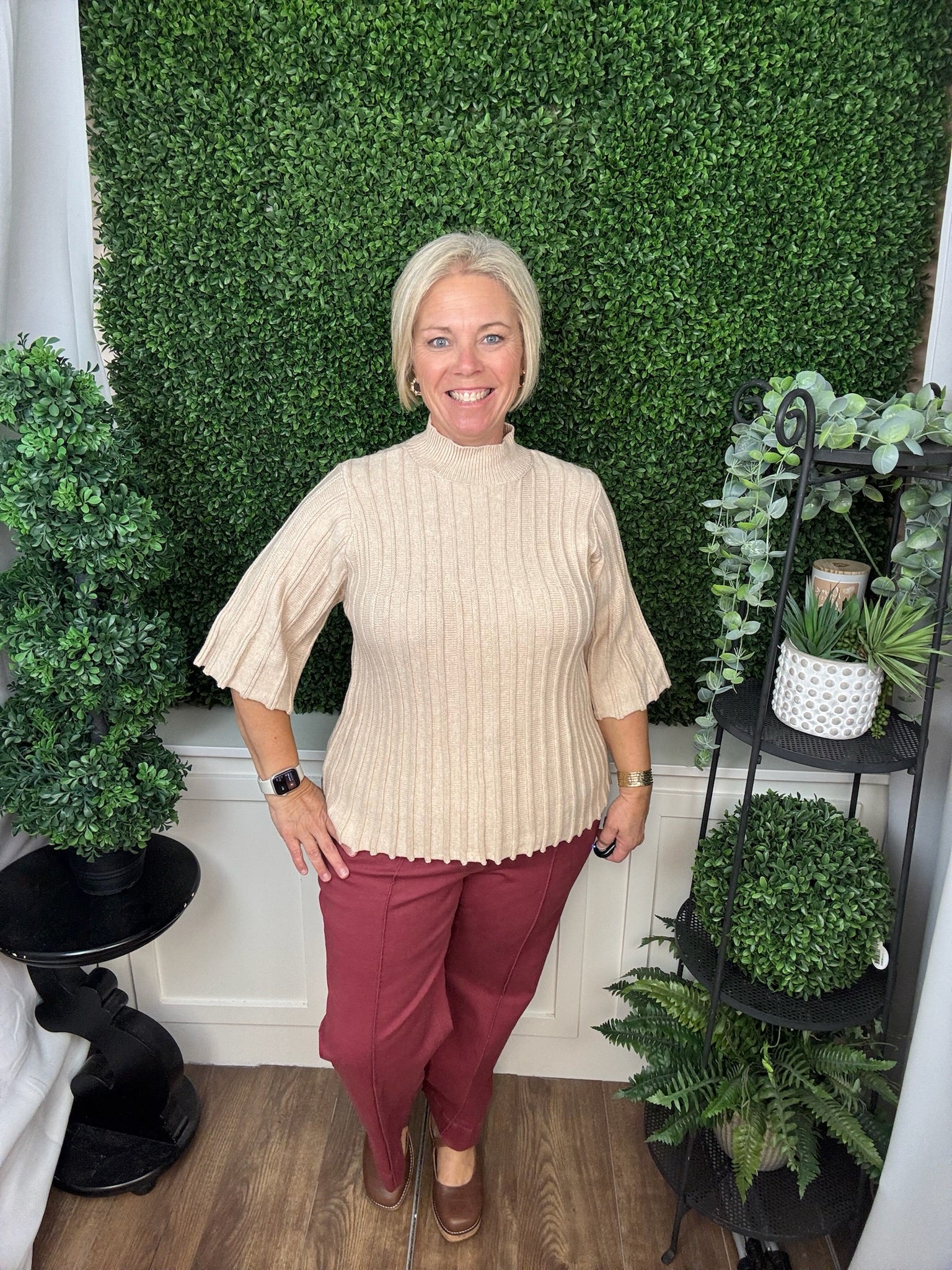 Ribbed Swing Sleeve and Hem Sweater Top