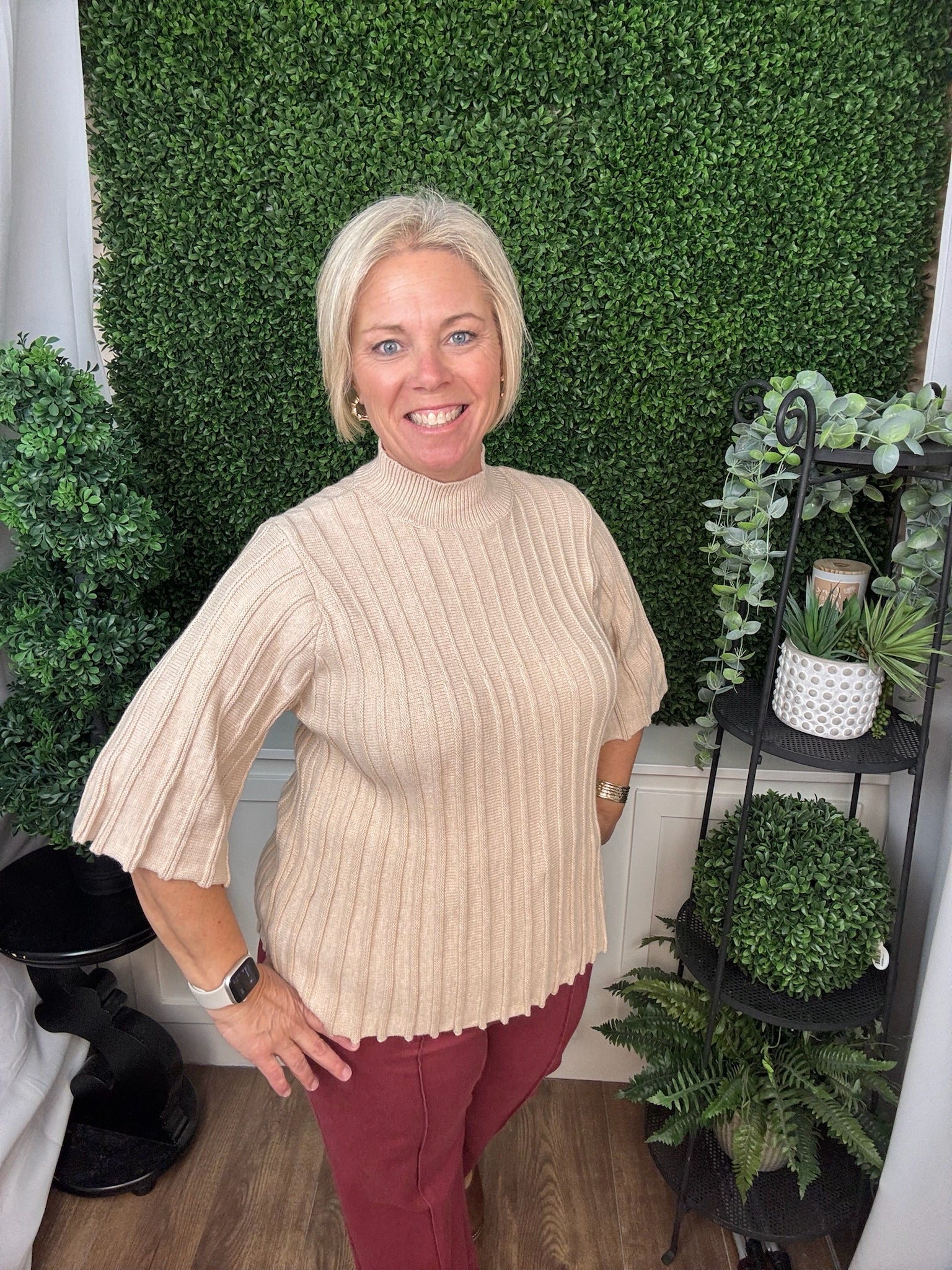 Ribbed Swing Sleeve and Hem Sweater Top