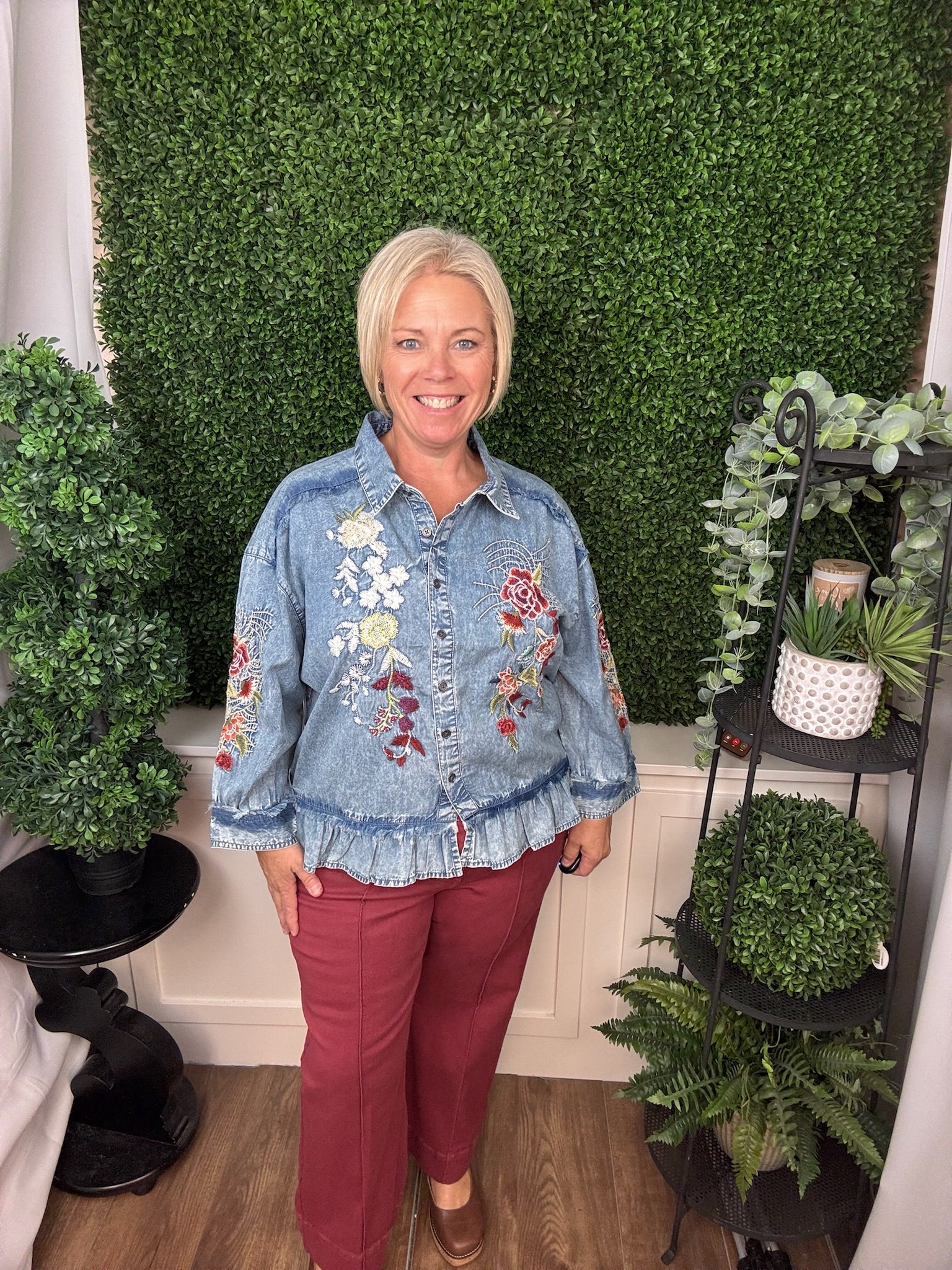 EMBROIDERED CHAMBRAY TOP WITH PEPLUM - LT BLUE