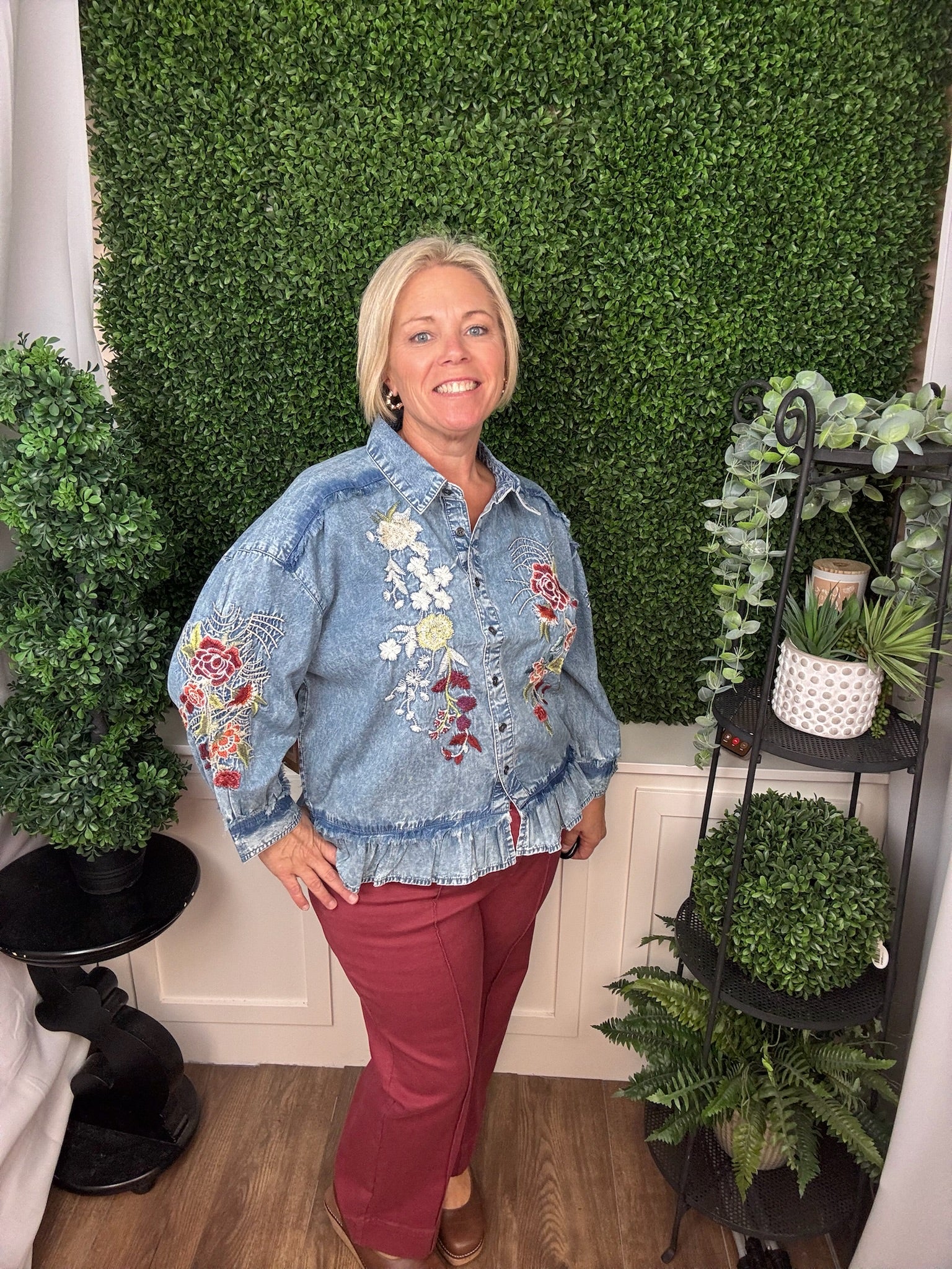 EMBROIDERED CHAMBRAY TOP WITH PEPLUM - LT BLUE