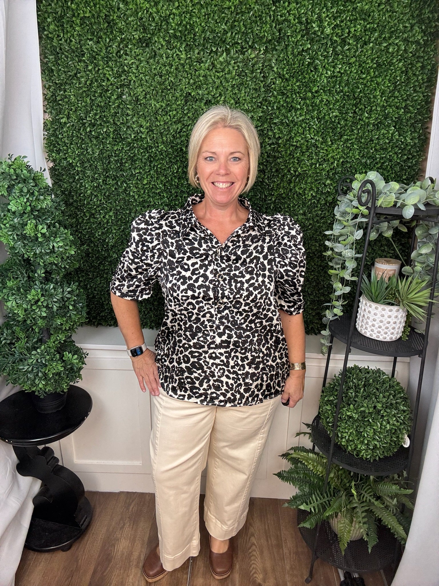 PUFF SLEEVE LEOPARD PRINT TOP - ECRU