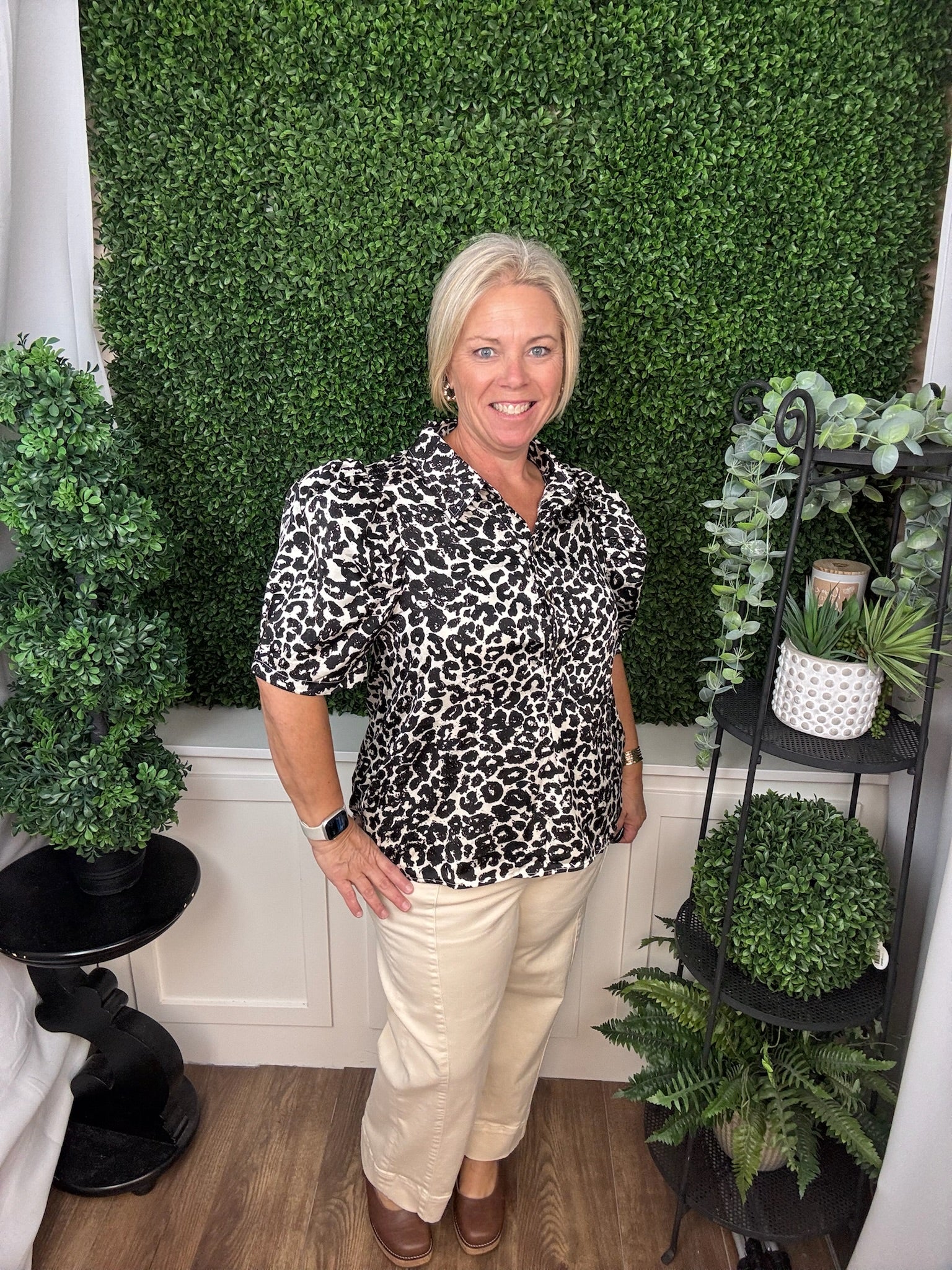 PUFF SLEEVE LEOPARD PRINT TOP - ECRU