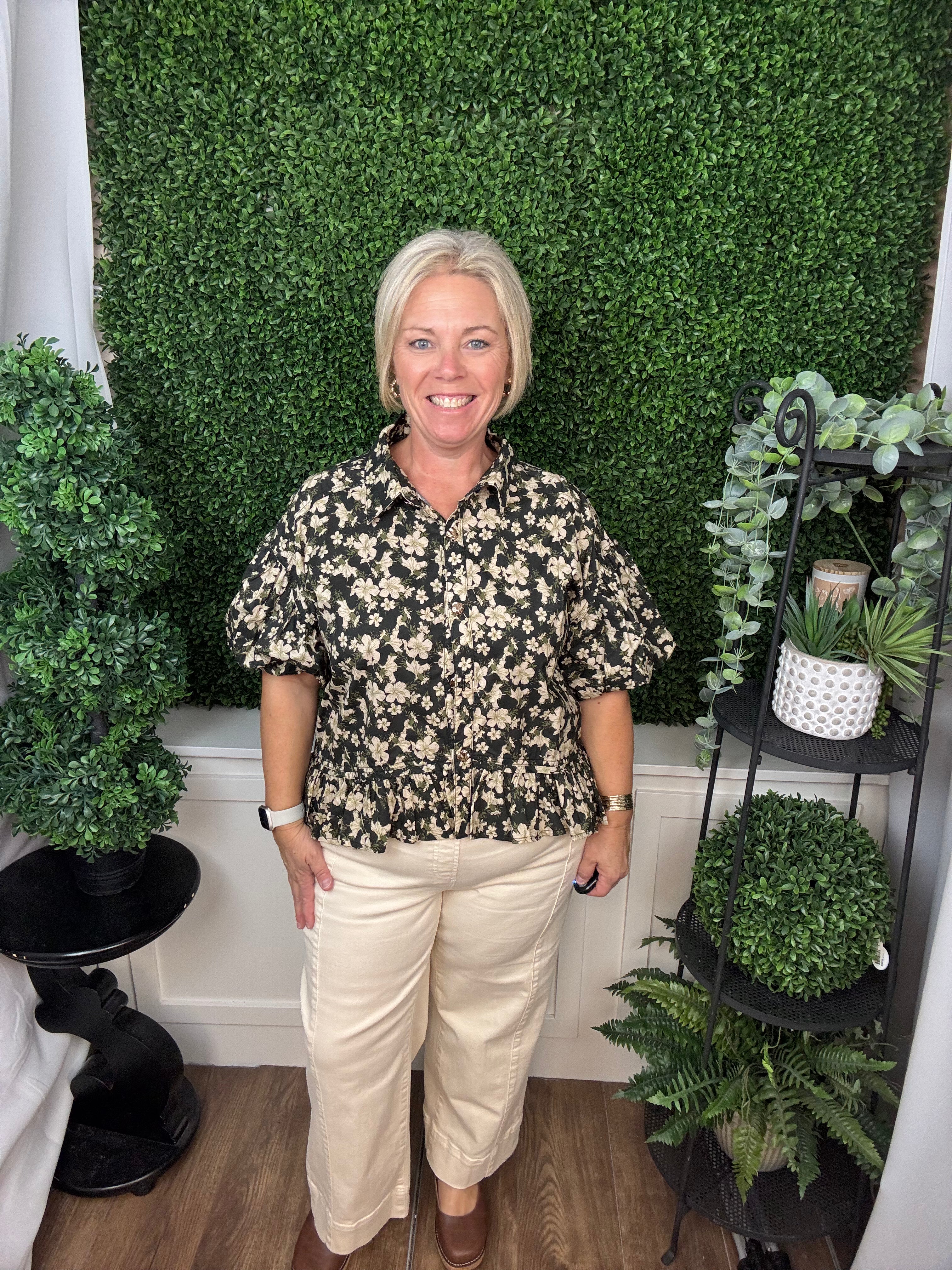 FLORAL PEPLUM BLOUSE - BLACK/DUSTY PINK