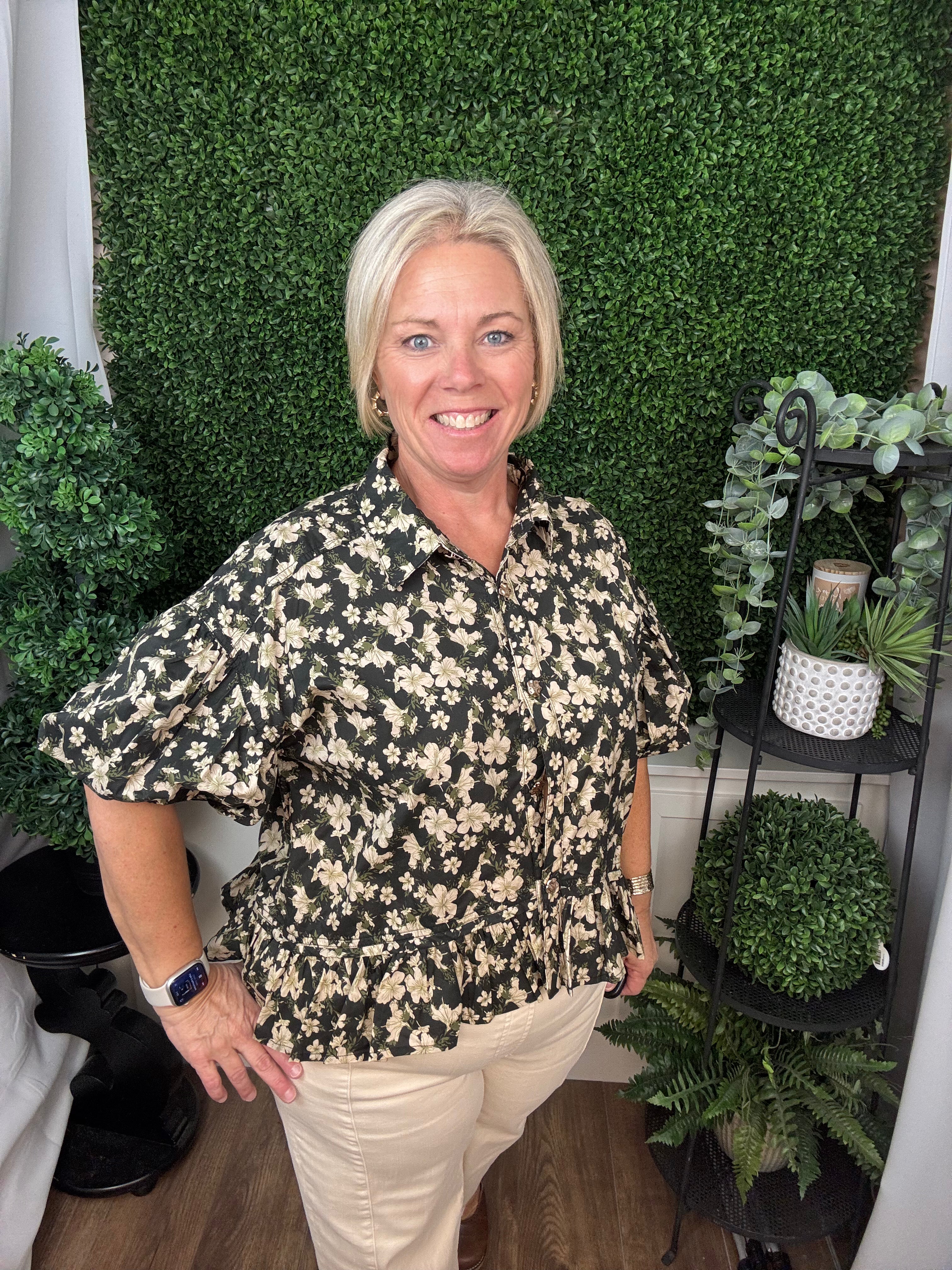 FLORAL PEPLUM BLOUSE - BLACK/DUSTY PINK