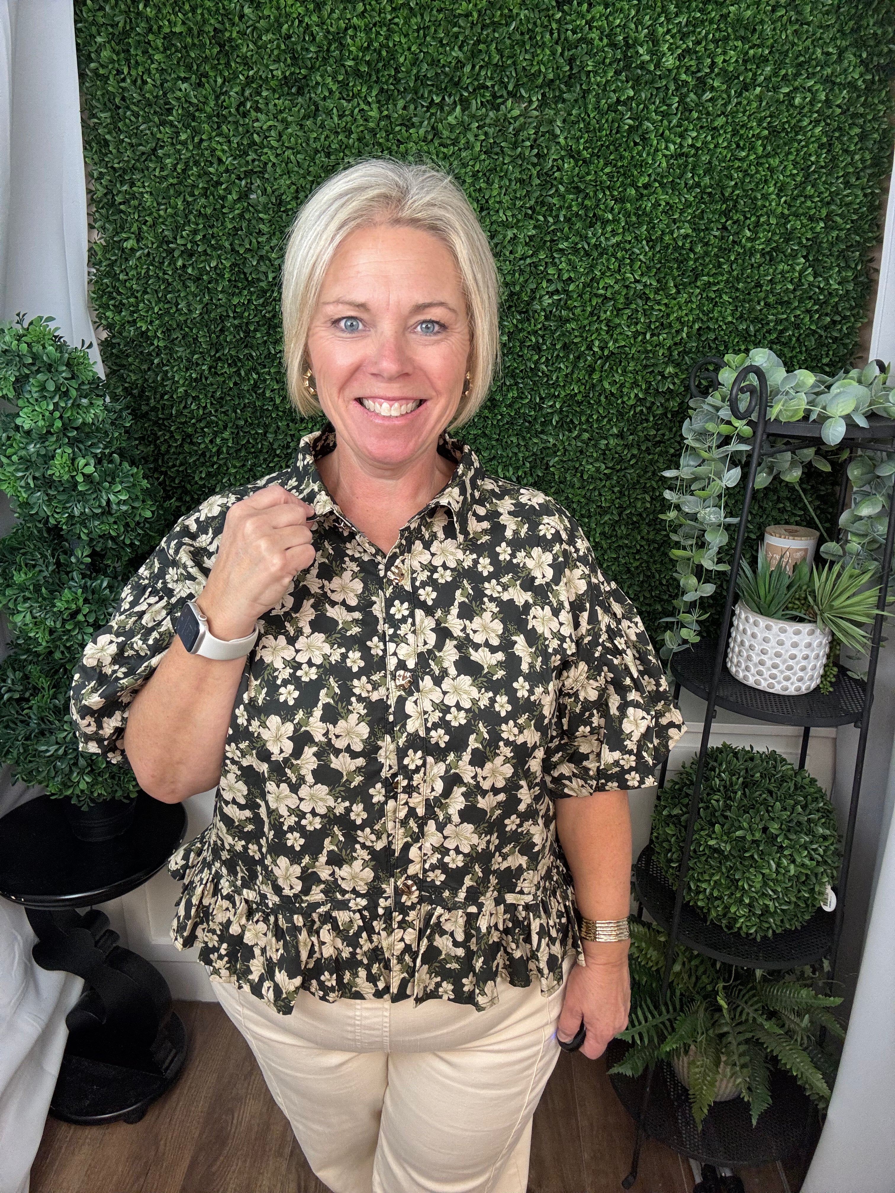 FLORAL PEPLUM BLOUSE - BLACK/DUSTY PINK