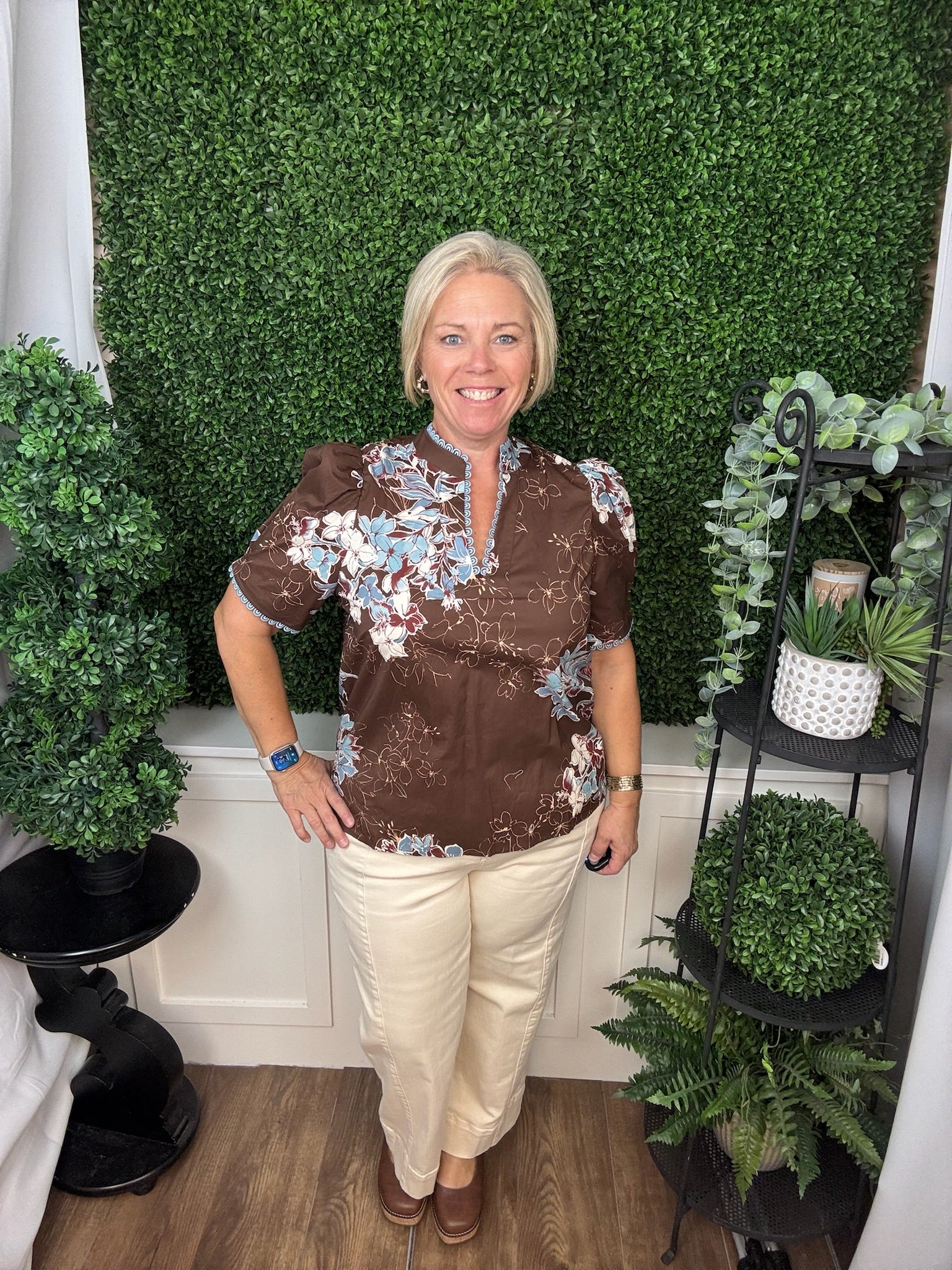 FLORAL PRINT PUFF SLEEVE BLOUSE - BURGUNDY/CHOCOLATE