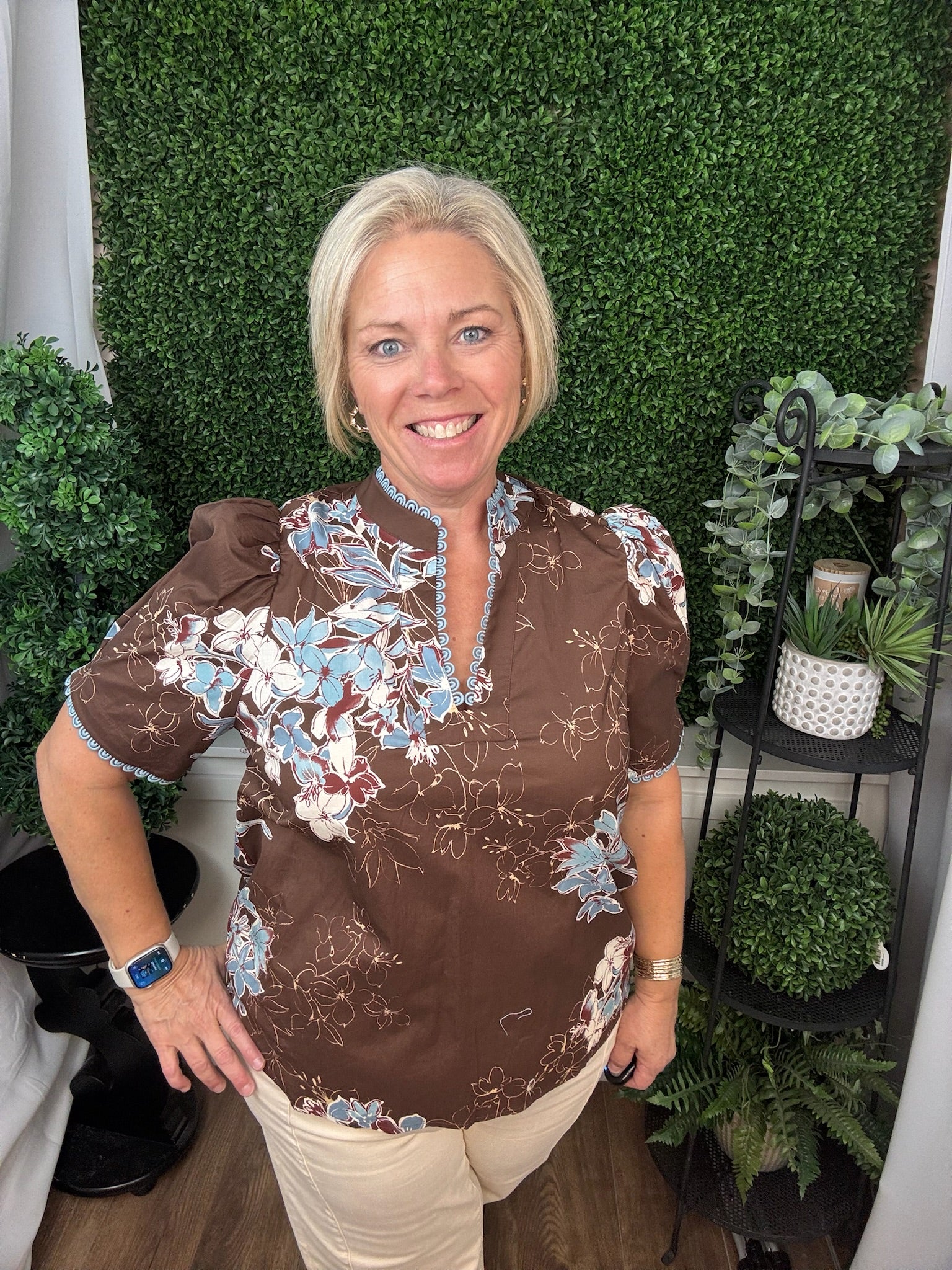 FLORAL PRINT PUFF SLEEVE BLOUSE - BURGUNDY/CHOCOLATE