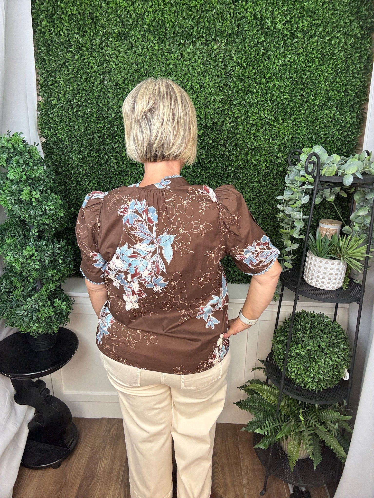 FLORAL PRINT PUFF SLEEVE BLOUSE - BURGUNDY/CHOCOLATE