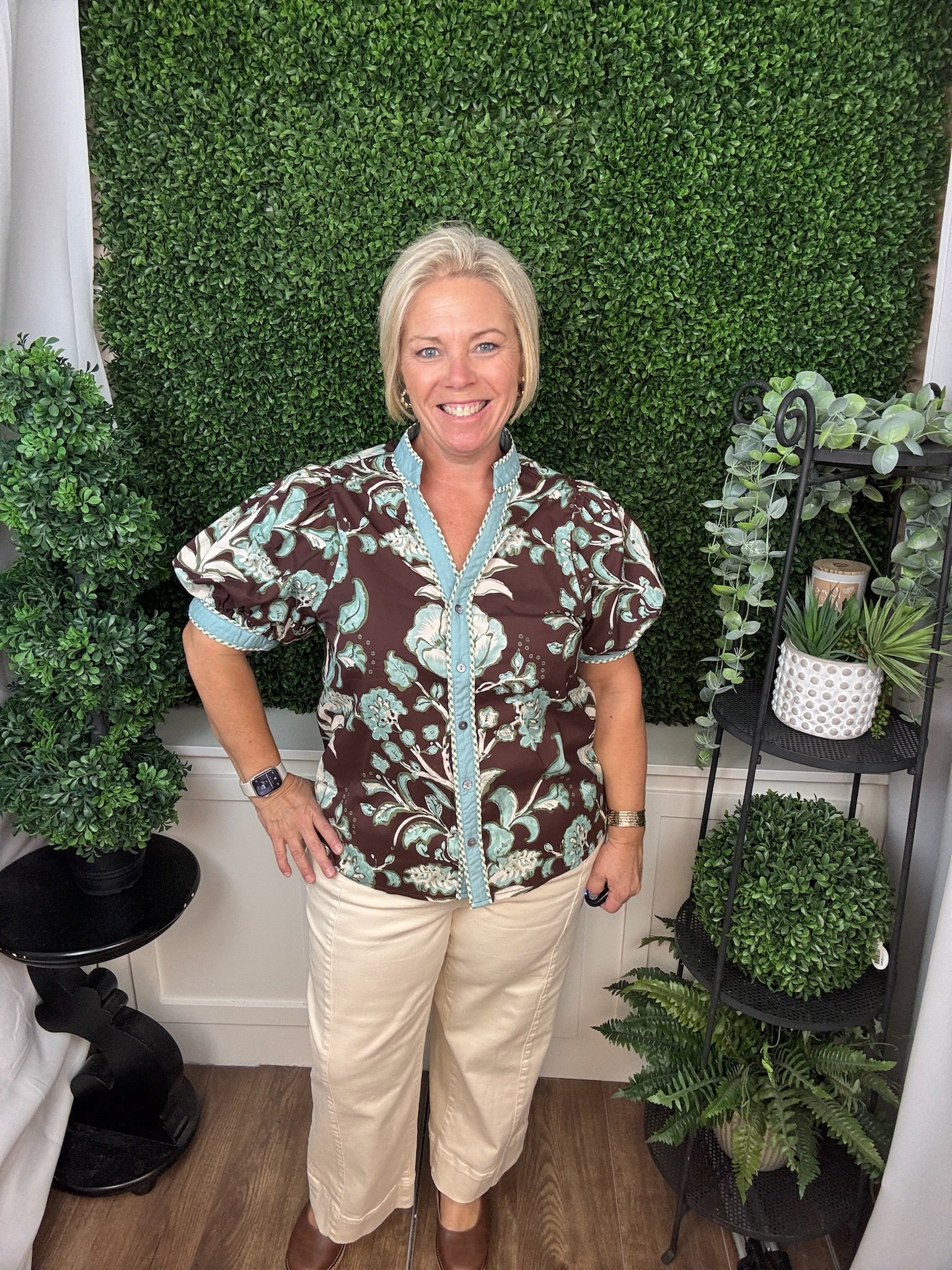 FLORAL PRINT PUFF SLEEVE BLOUSE - CHOCOLATE/ECRU