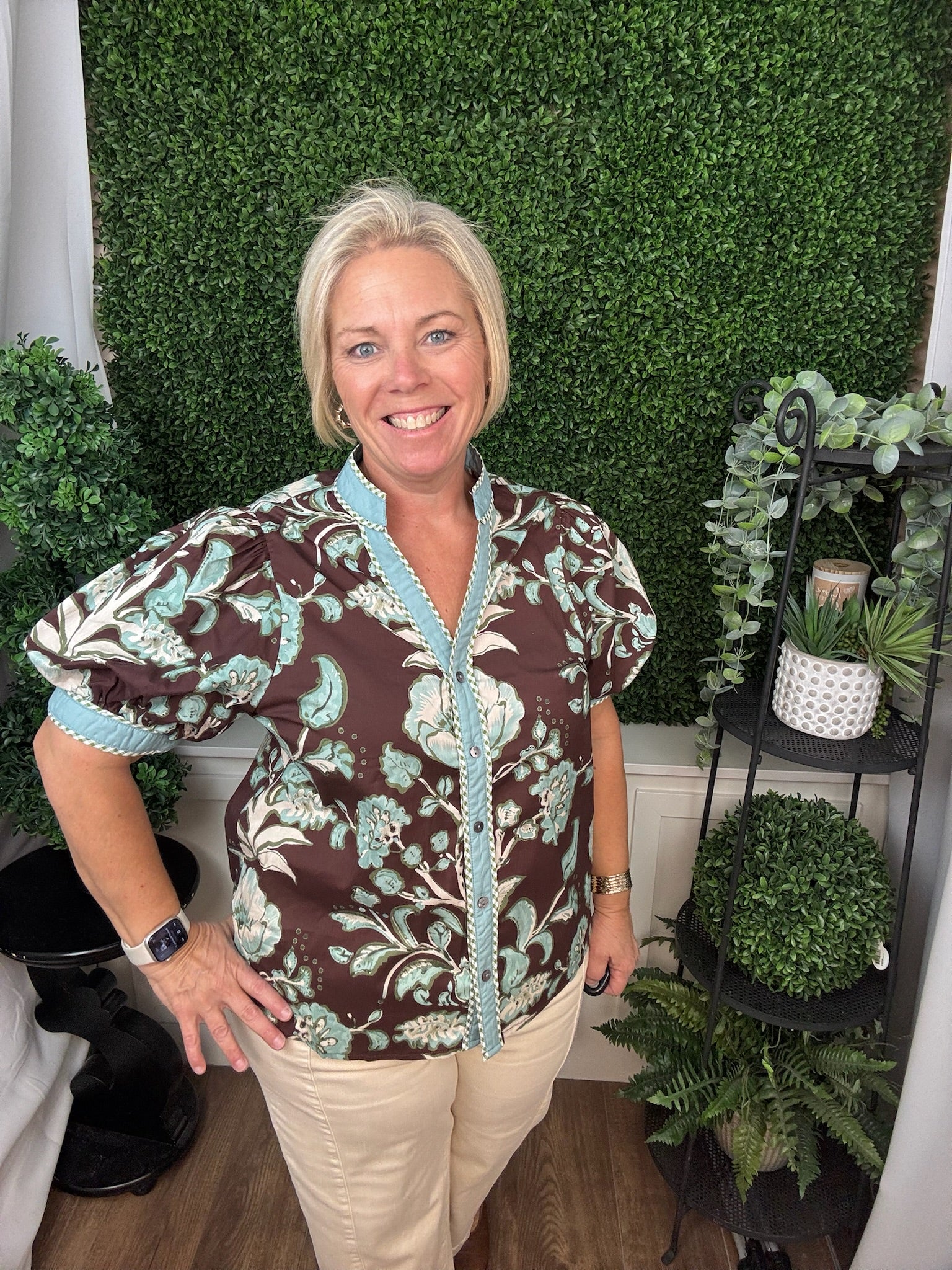 FLORAL PRINT PUFF SLEEVE BLOUSE - CHOCOLATE/ECRU