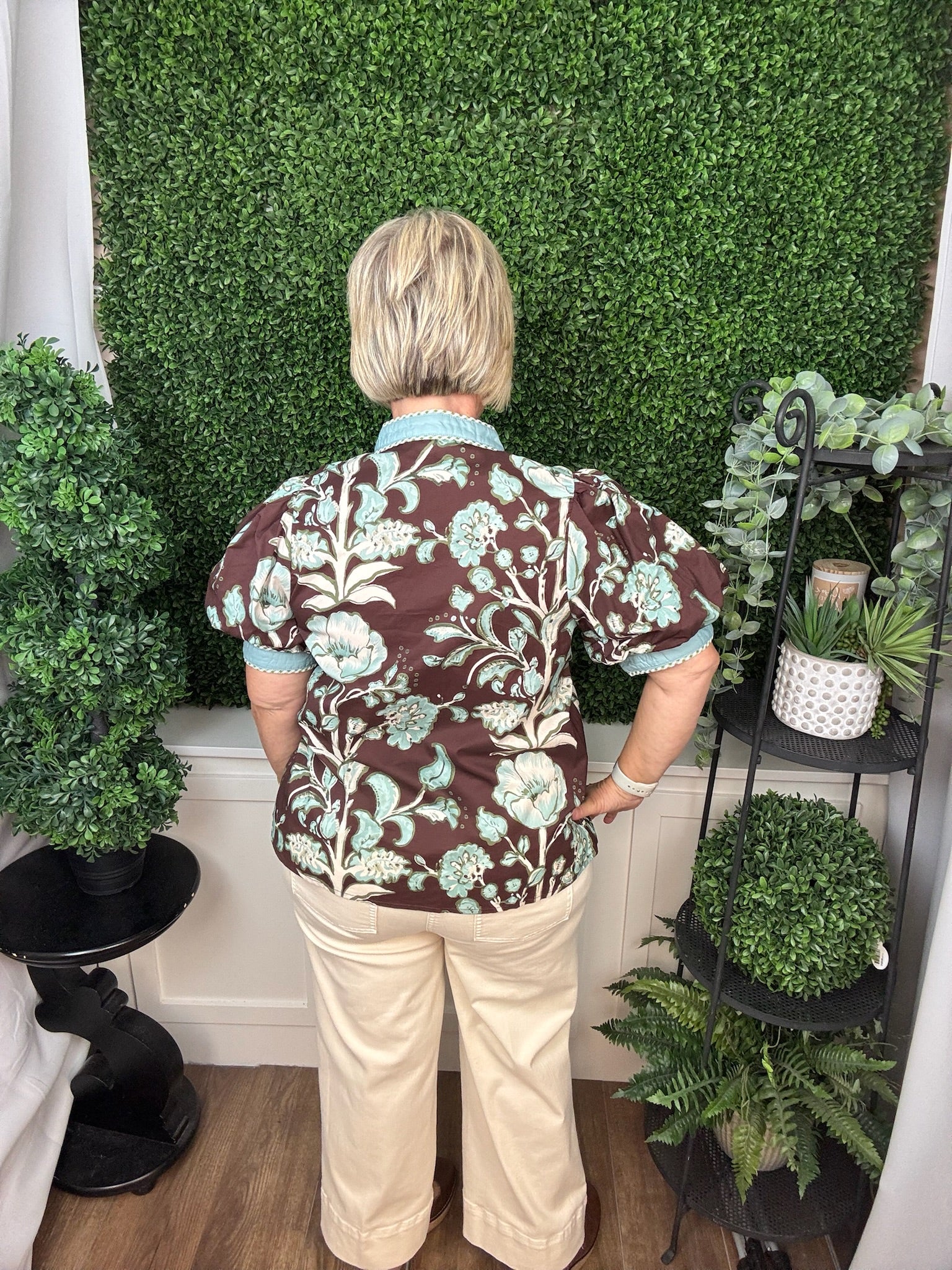 FLORAL PRINT PUFF SLEEVE BLOUSE - CHOCOLATE/ECRU