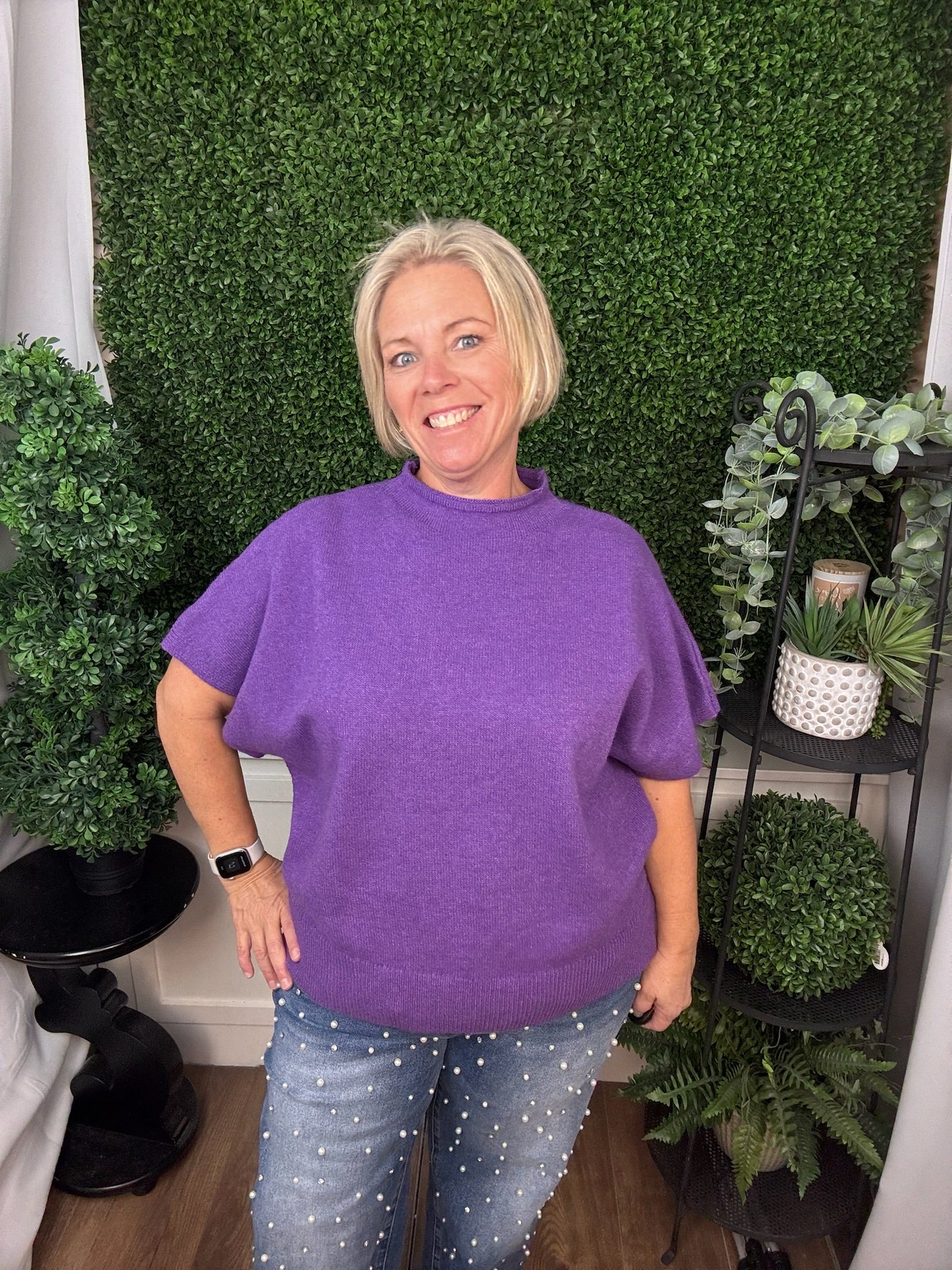 SHORT SLEEVE CREW NECK KNIT TOP - PURPLE