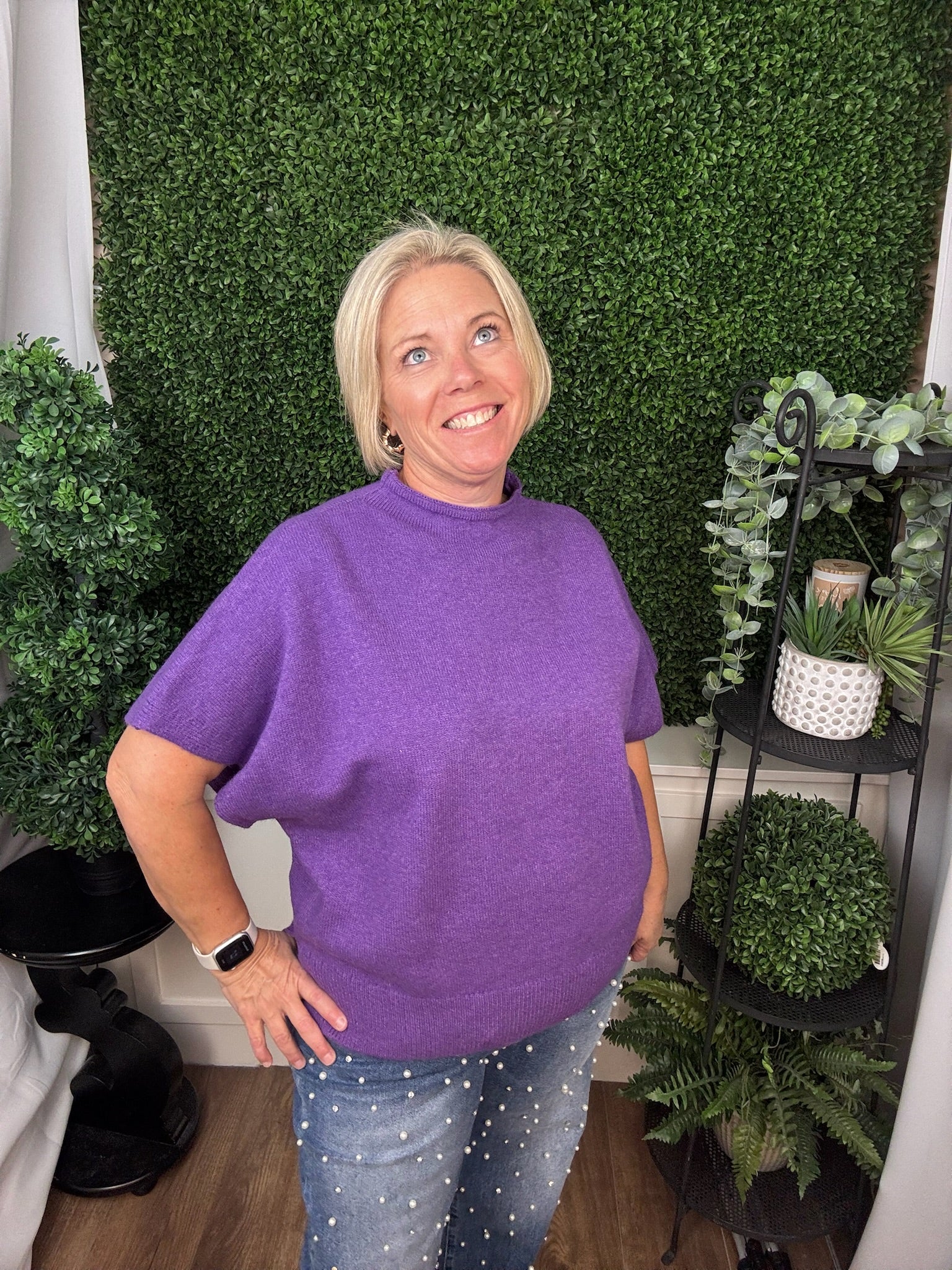 SHORT SLEEVE CREW NECK KNIT TOP - PURPLE