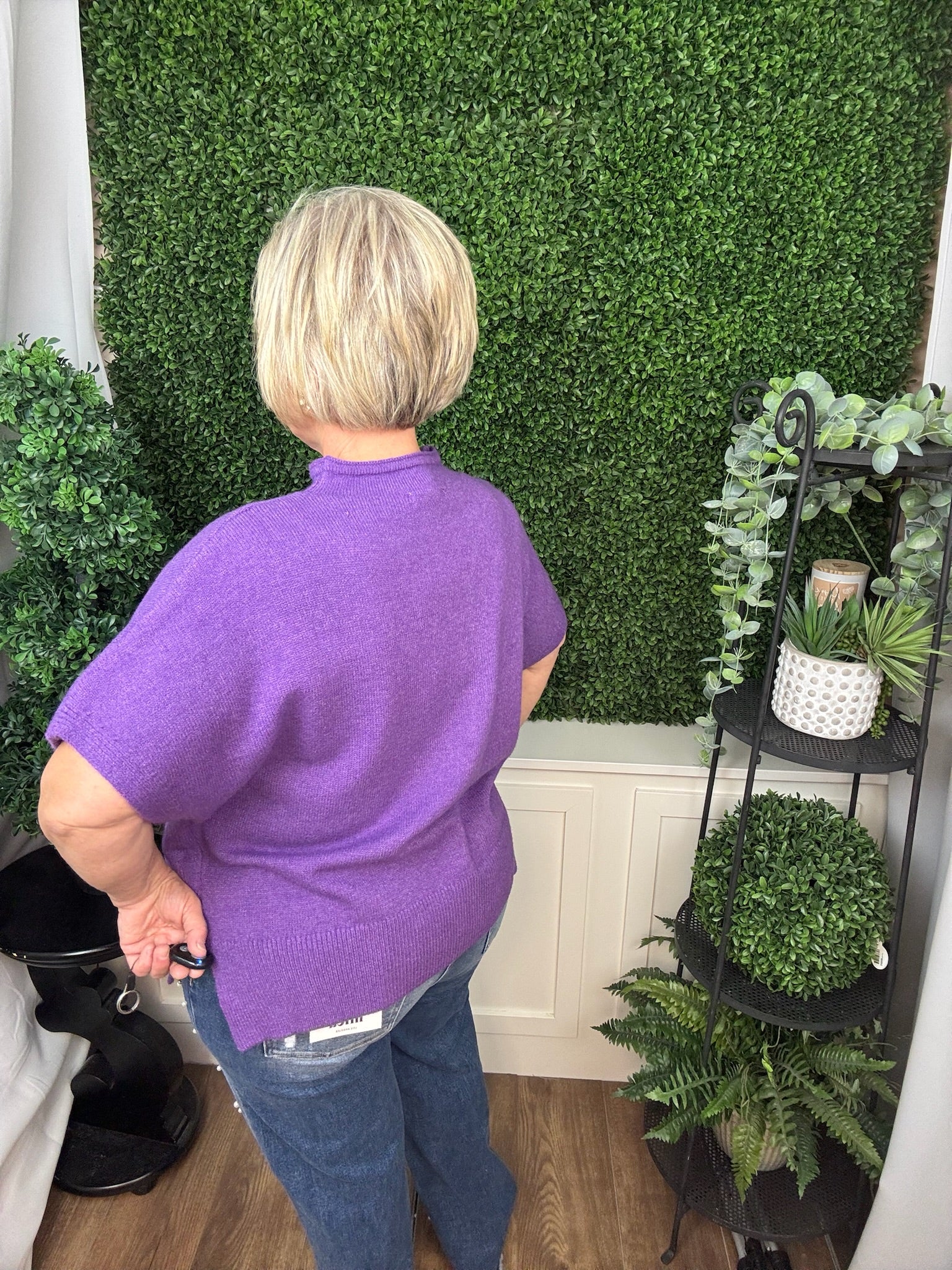SHORT SLEEVE CREW NECK KNIT TOP - PURPLE