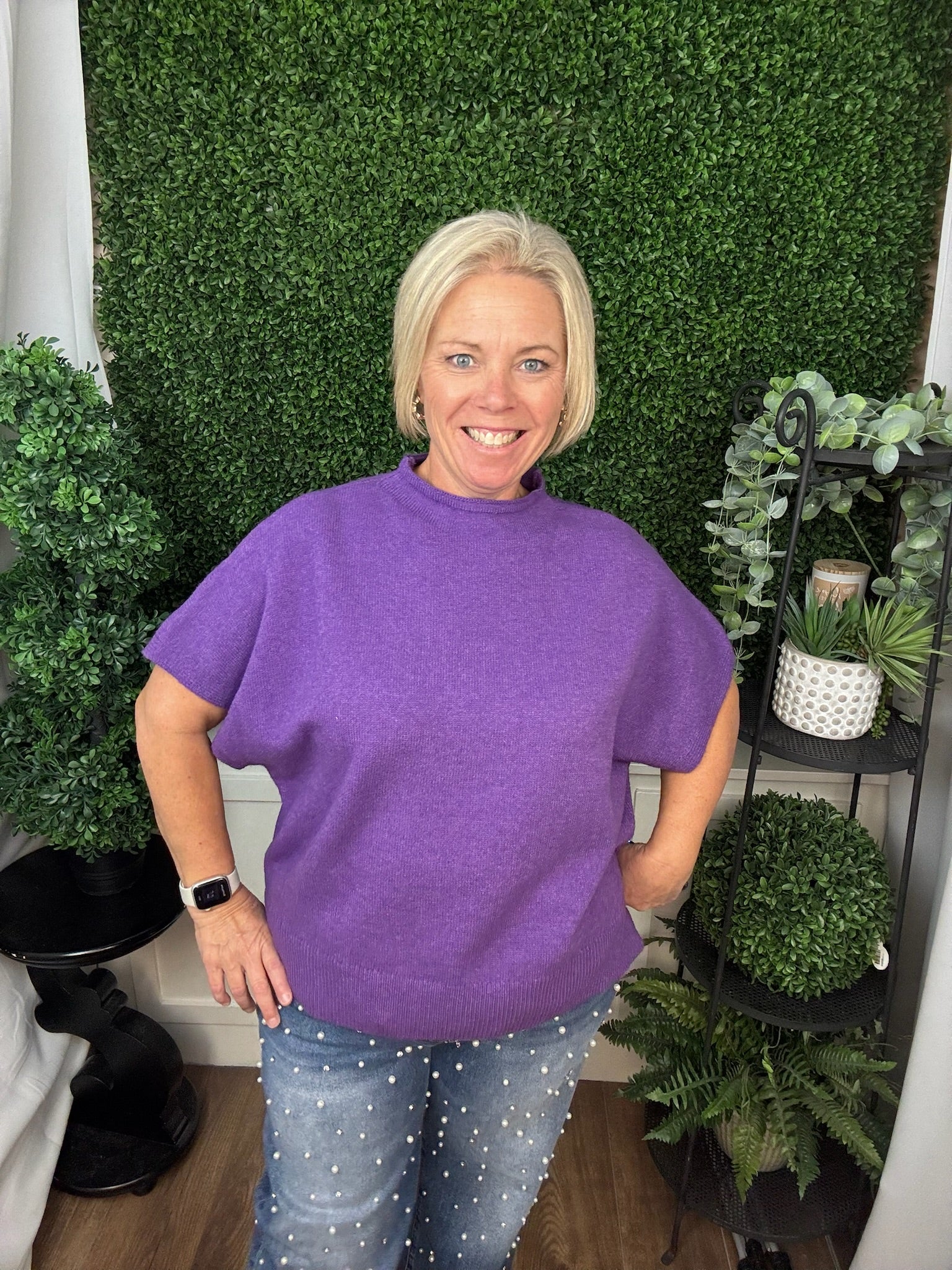 SHORT SLEEVE CREW NECK KNIT TOP - PURPLE