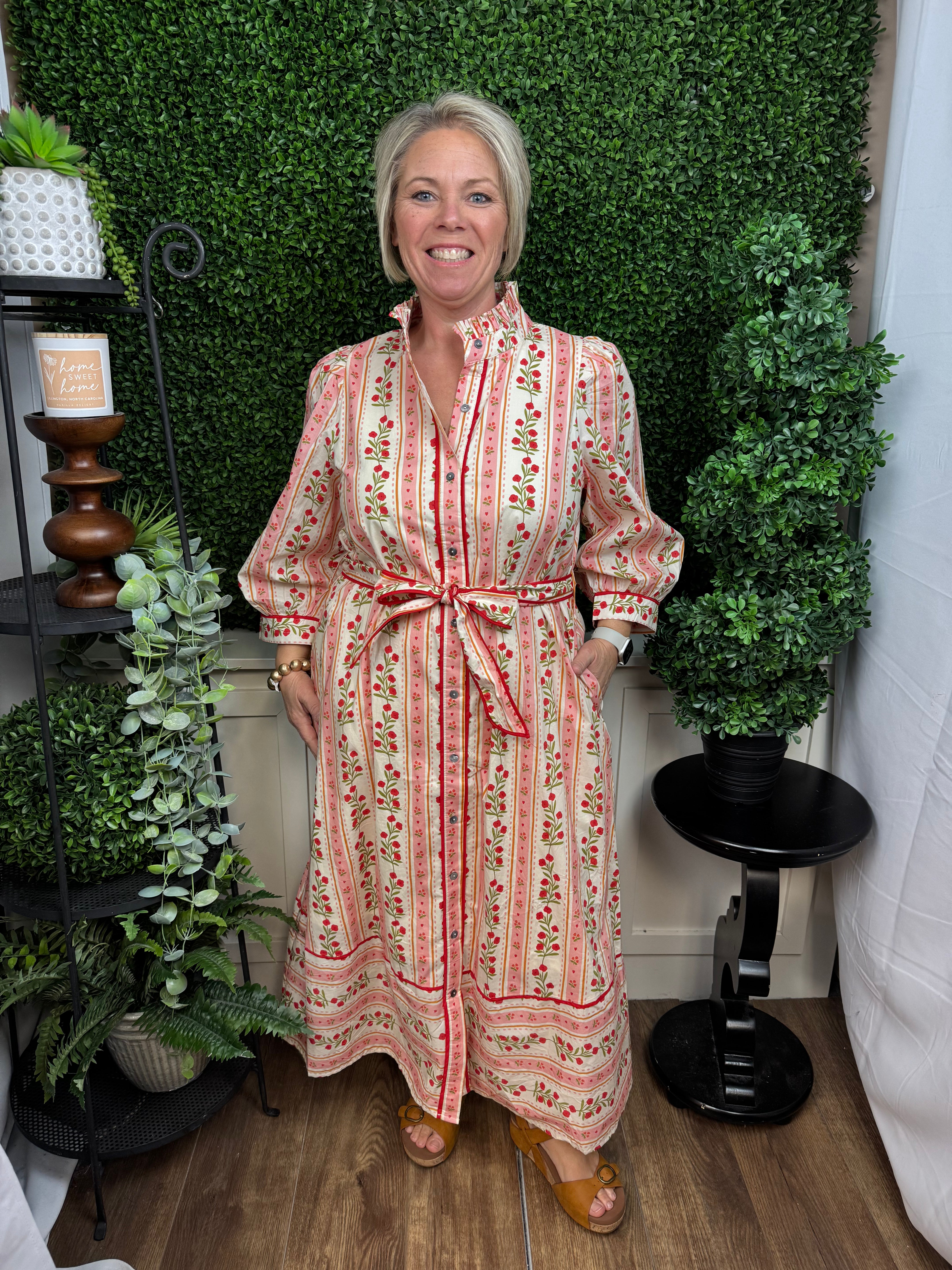 Floral Maxi dress with tie waist - Red