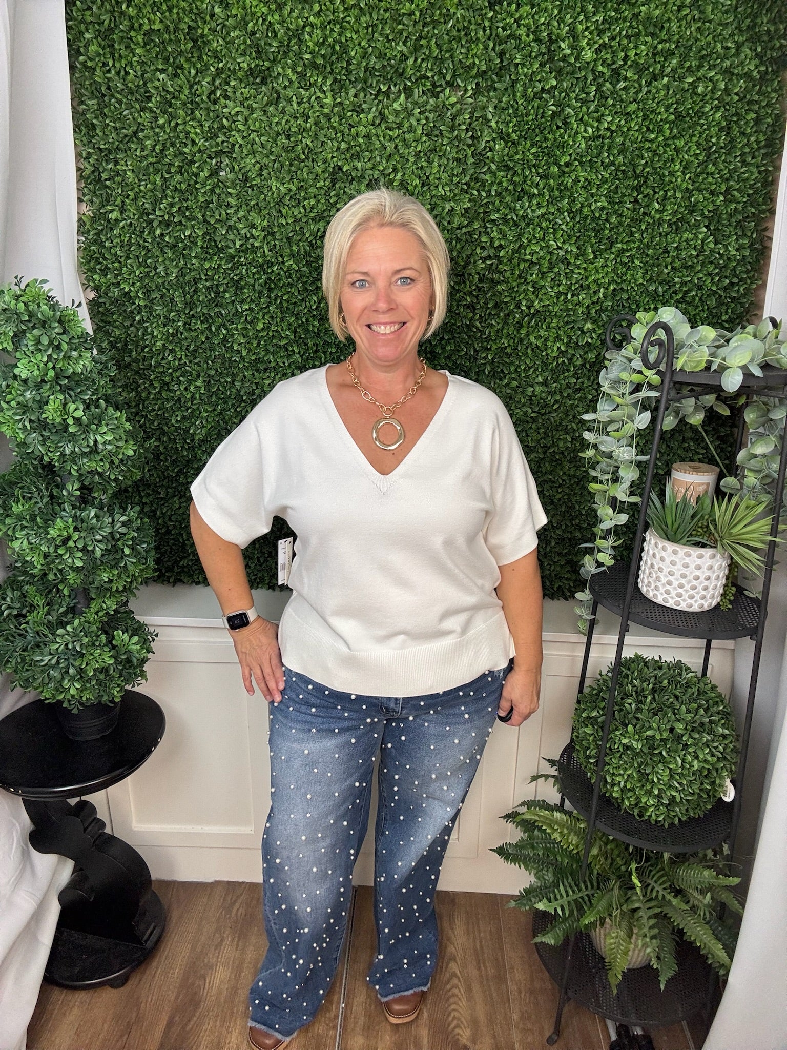SHORT SLEEVE VNECK DOLMAN POPOVER SWEATER W/STEP HEM - WHIPPED CREAM