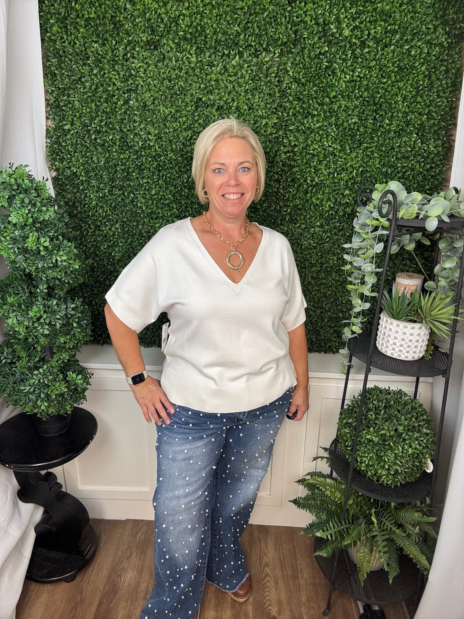 HIGH RISE WIDE LEG JEANS WITH EMBELLISHMENT - TARAWERA PEARL