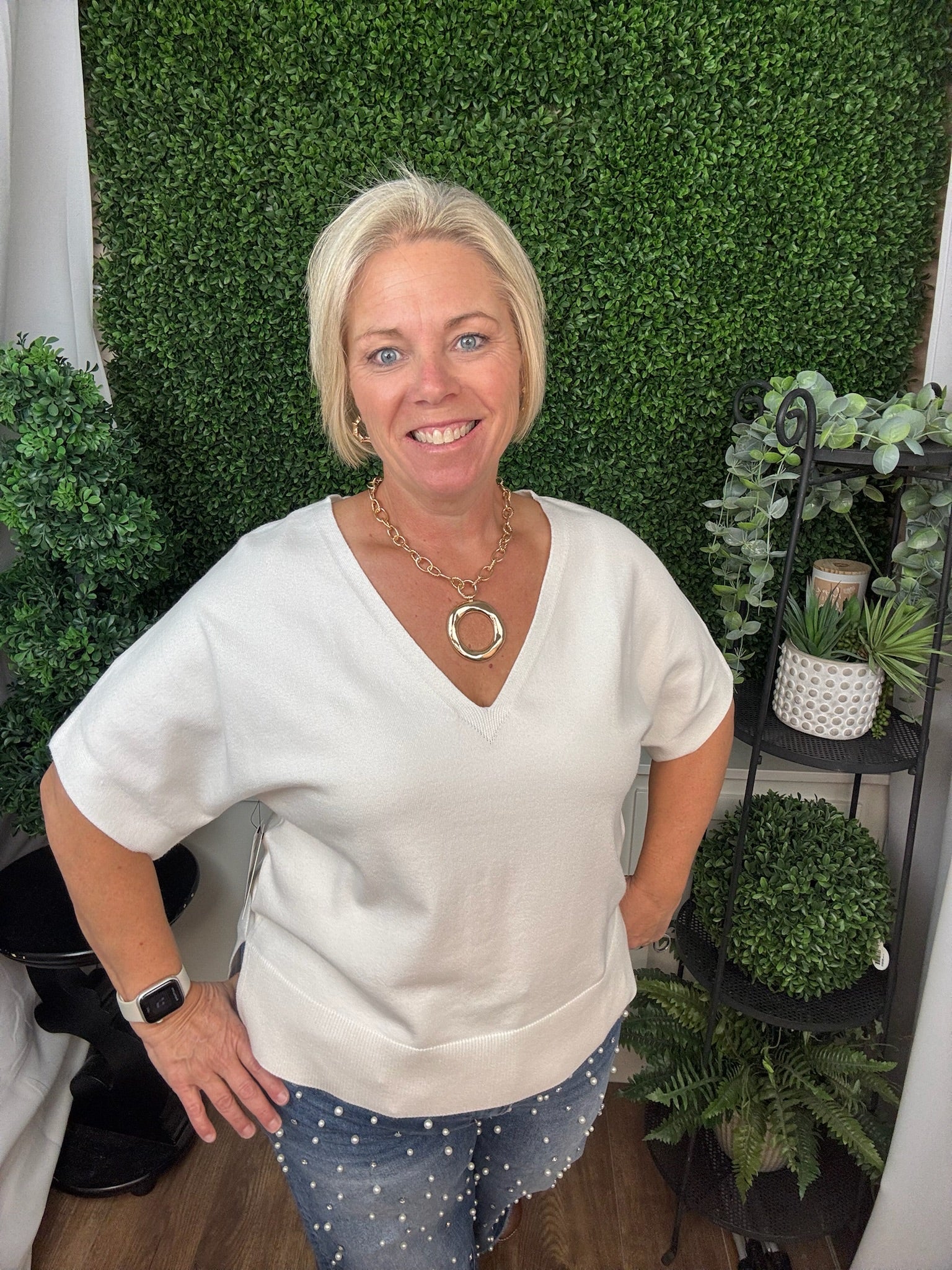 SHORT SLEEVE VNECK DOLMAN POPOVER SWEATER W/STEP HEM - WHIPPED CREAM