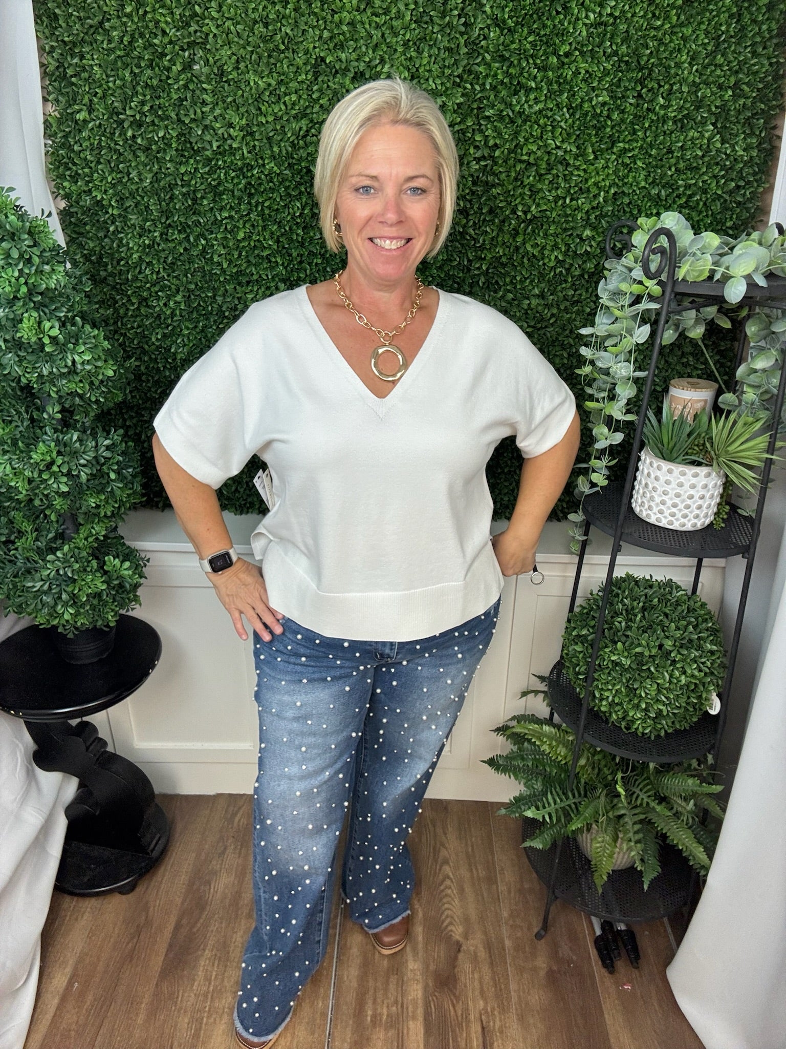 SHORT SLEEVE VNECK DOLMAN POPOVER SWEATER W/STEP HEM - WHIPPED CREAM